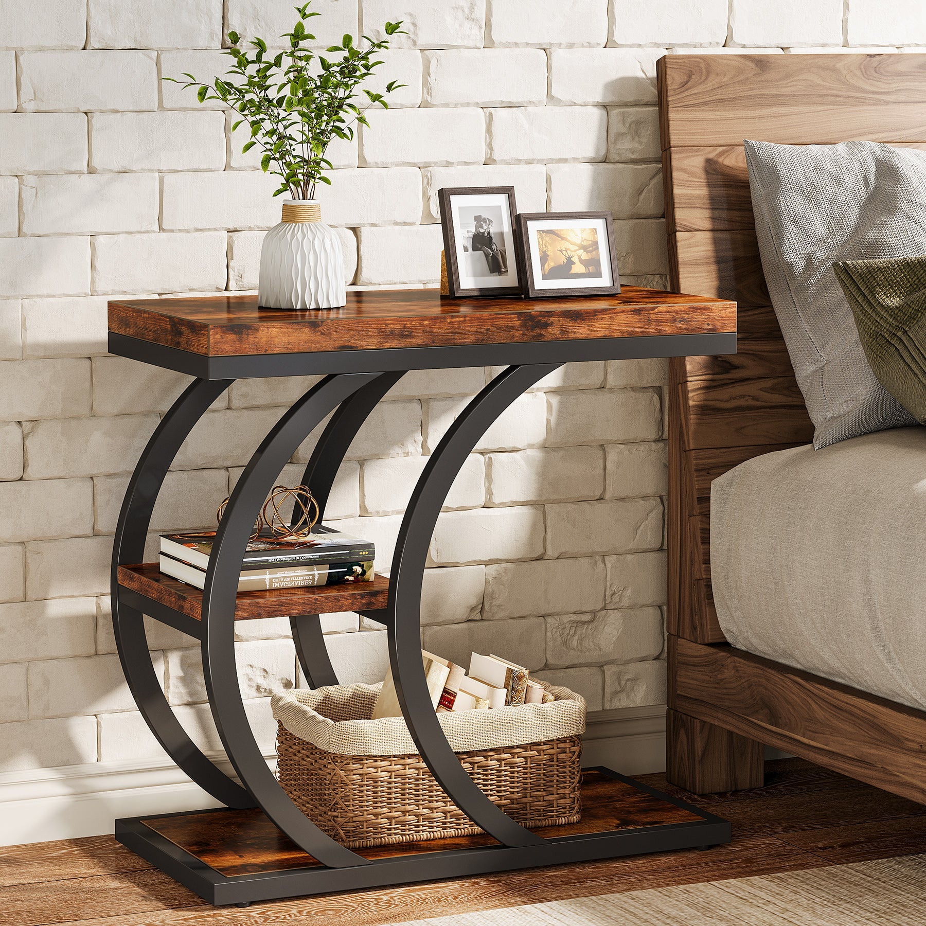 Tribesigns Table d'appoint 3 niveaux 60 cm, Table d'appoint design industriel en forme de C