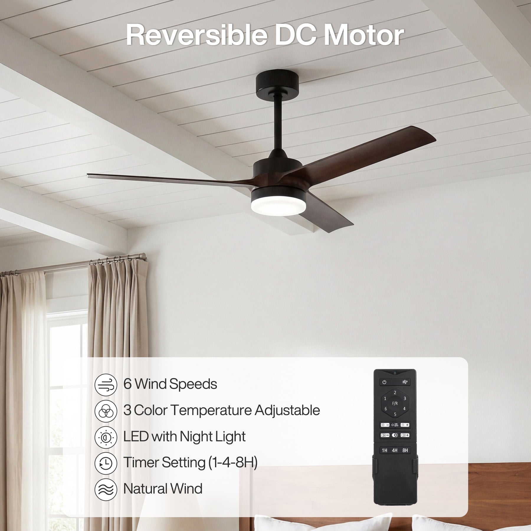 Tribesigns Ventilateur de plafond de 130 cm avec éclairage et télécommande, éclairage LED à intensité variable, fonction réversible, moteur CC silencieux