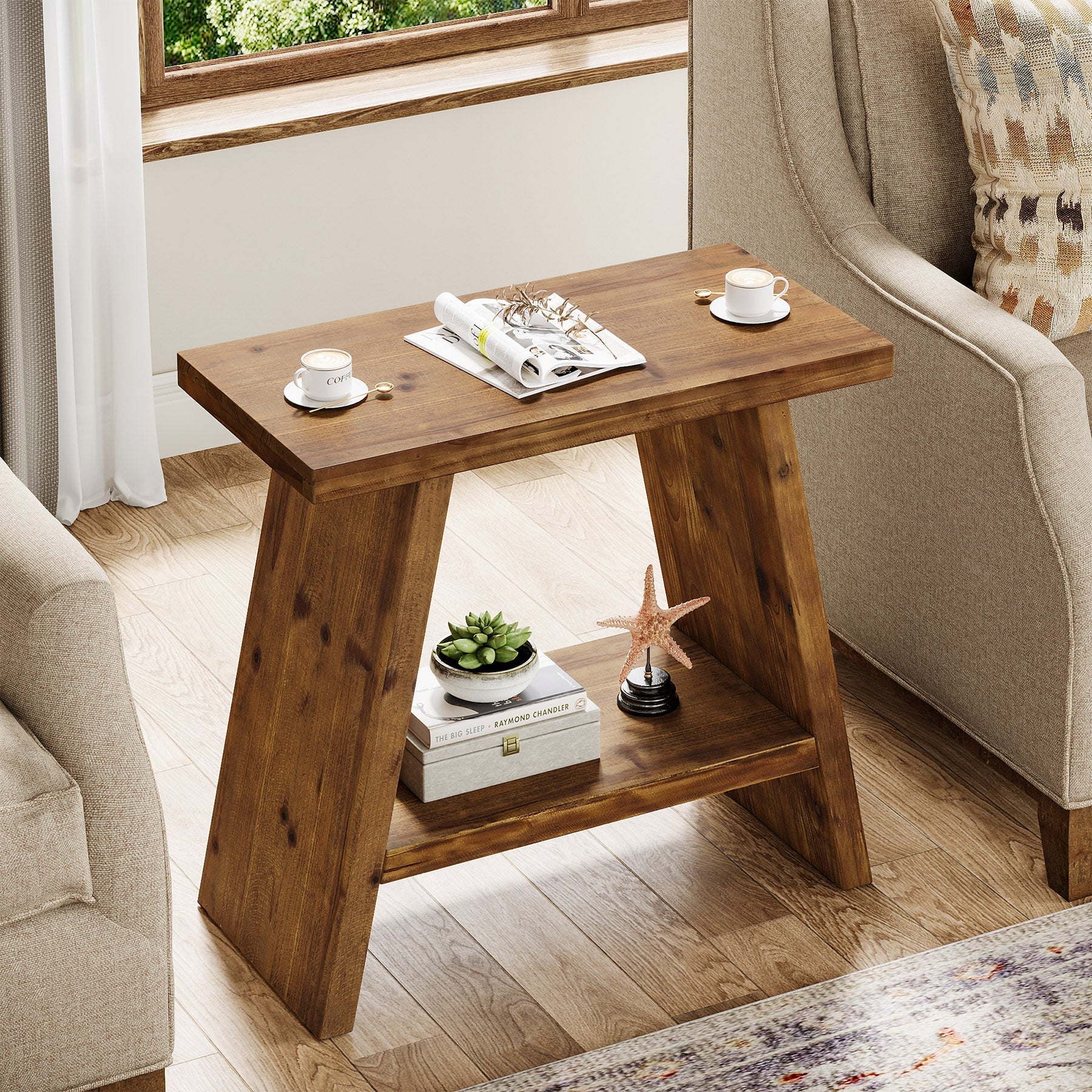 Table d'appoint étroite en bois massif (60 x 30 cm) avec rangement à 2 niveaux, Style rustique, idéale pour le salon et la chambre