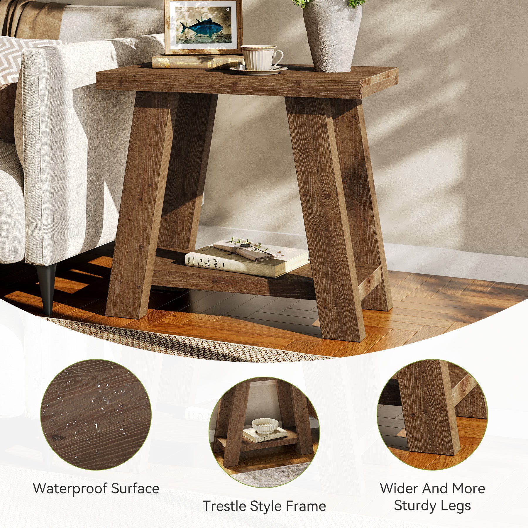 Tribesigns Table d’Appoint en Bois Massif, Petite Table de Chevet à Deux Niveaux