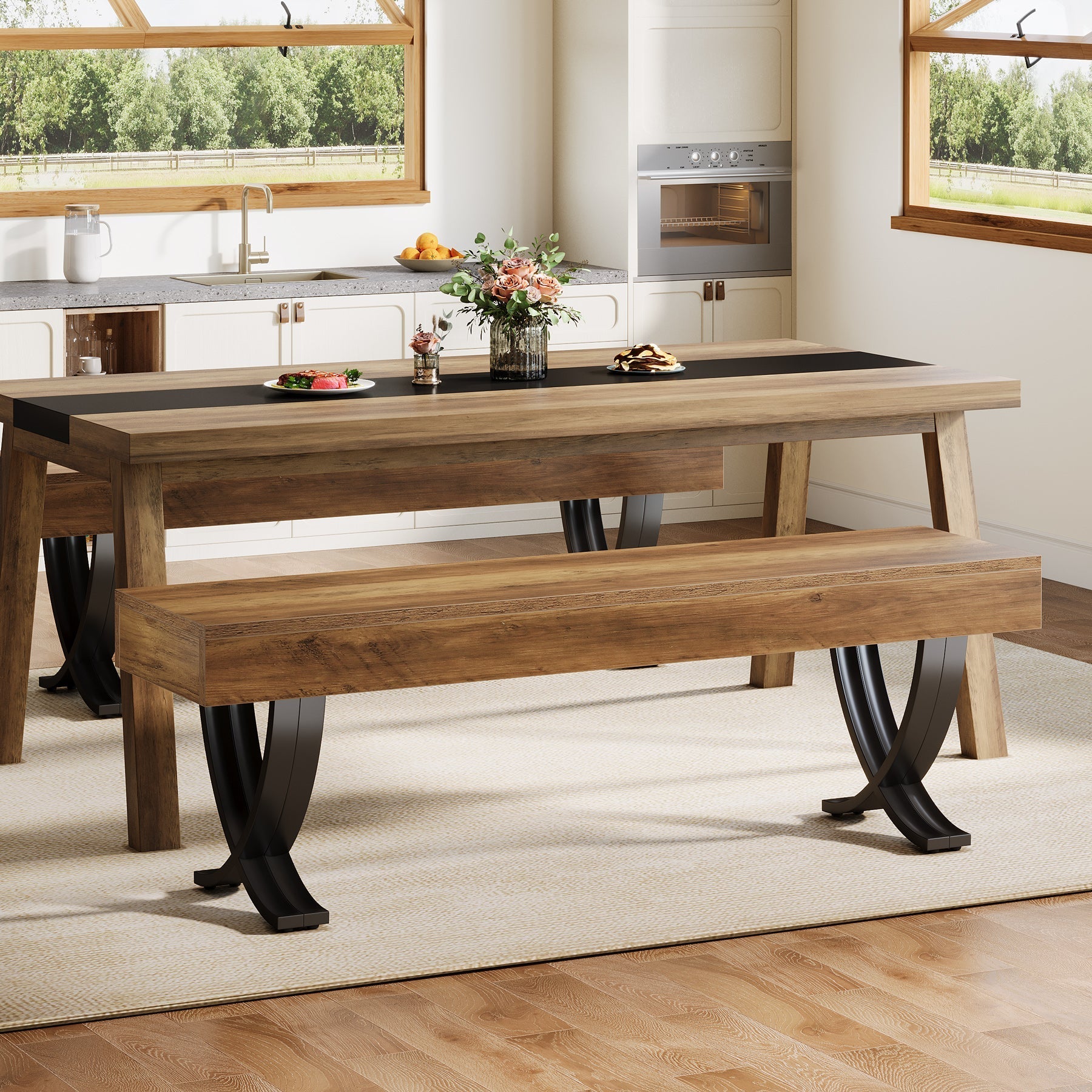 Tribesigns Banc de salle à manger rustique de 140 cm avec plateau imitation bois et pieds en X en métal, Long banc de cuisine pour salle à manger et couloir (banc uniquement)