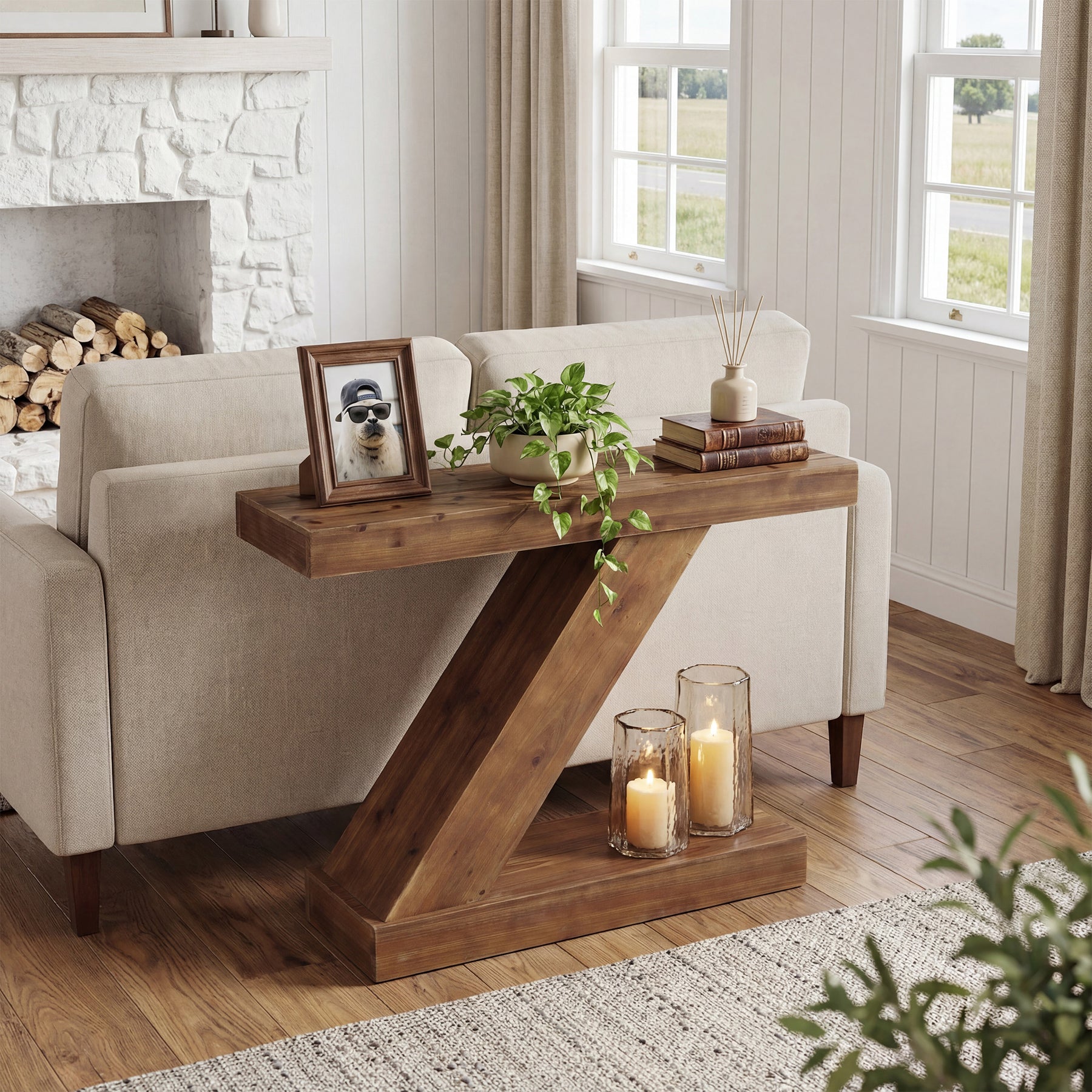 Tribesigns Console 105 cm, Table d'entrée en bois massif avec forme en Z