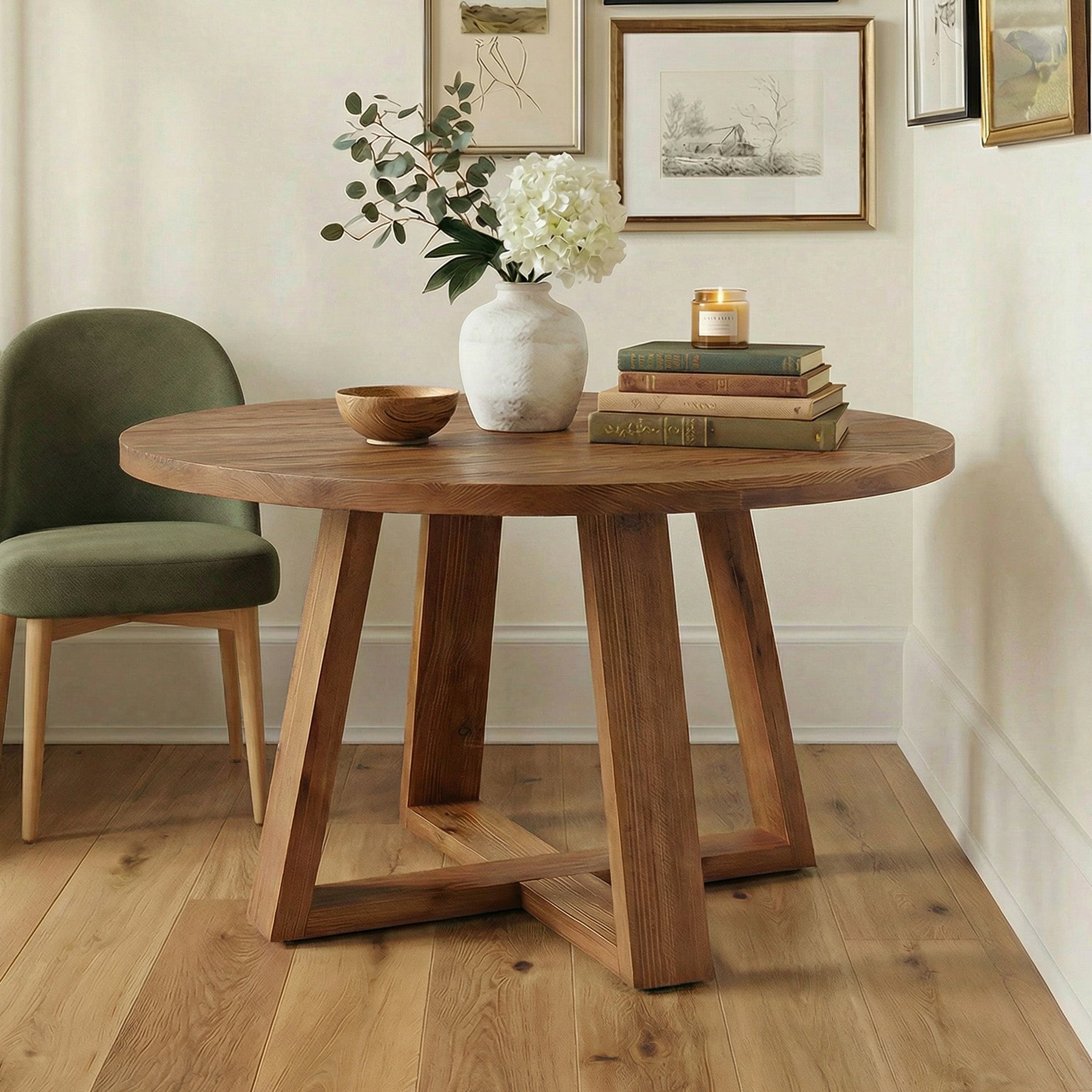 Tribesigns Table de salle à manger ronde de 120 cm, Table de cuisine rustique en bois massif avec piètement à tréteaux pour 4 personnes