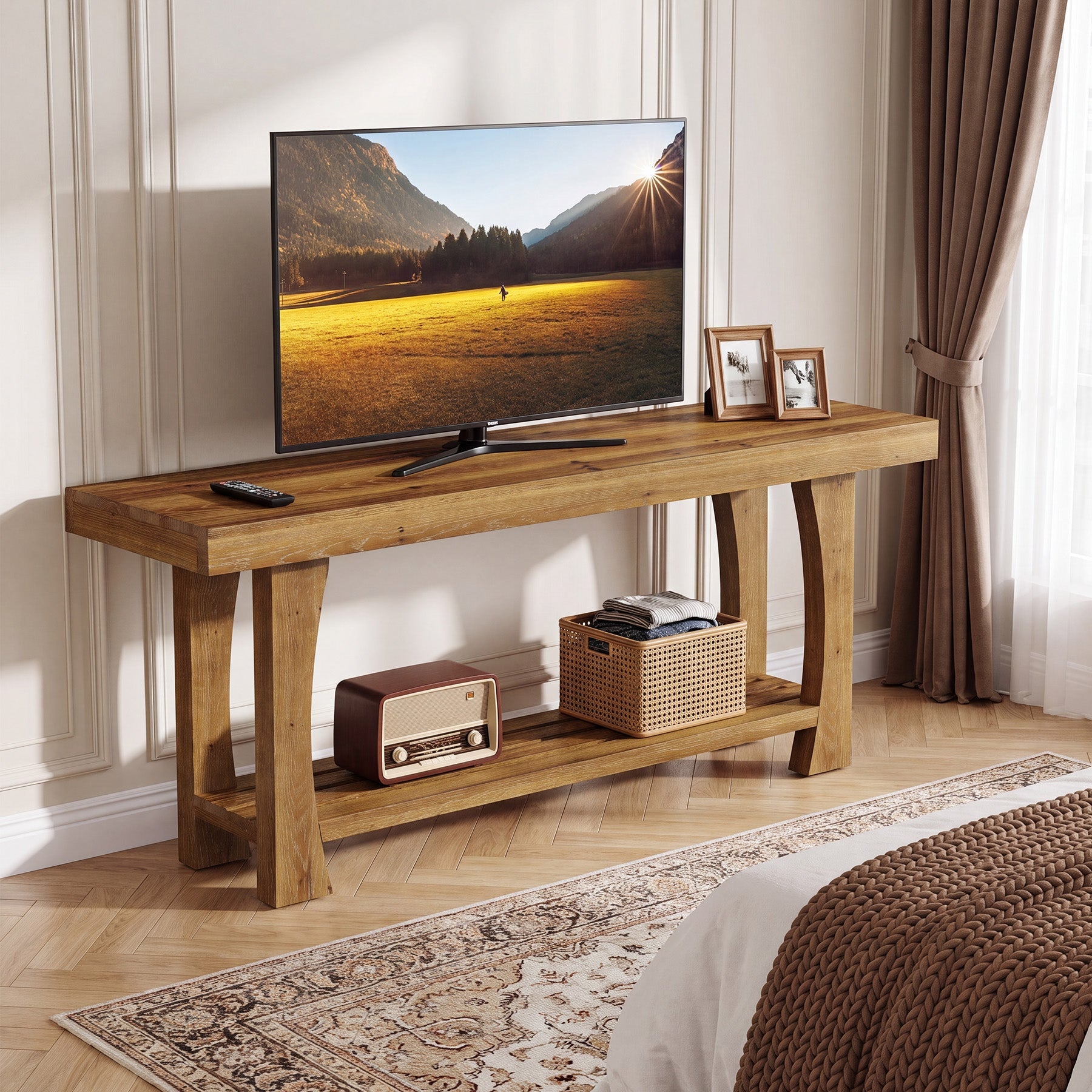 Tribesigns Meuble TV Bas en Bois Massif pour TV 55 à 70 Pouces avec 2 Niveaux