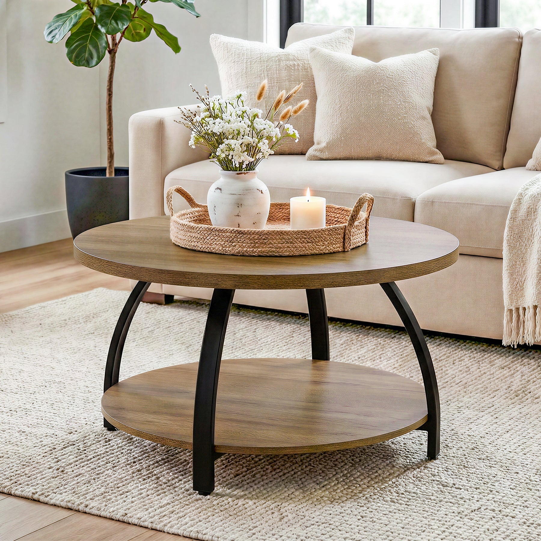 Tribesigns Table basse ronde de 80 cm avec 2 étagères, Petite table d'appoint de style industriel avec pieds en métal