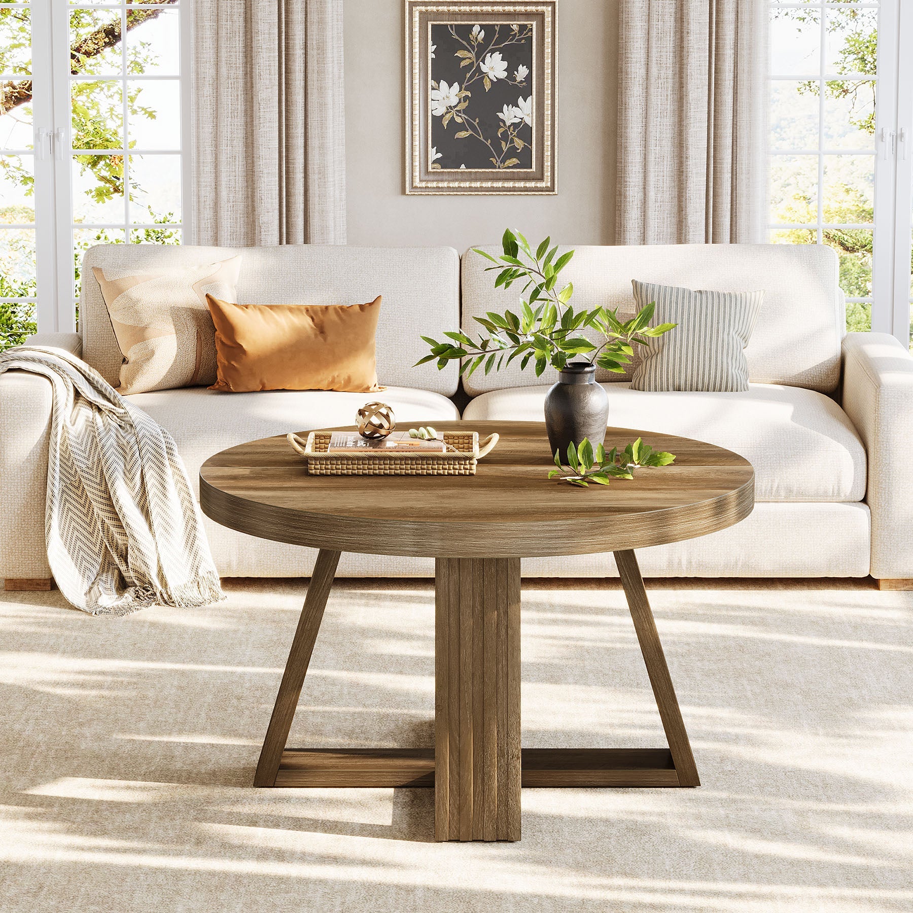 Tribesigns Table Basse Ronde 80 cm, Table de Salon Style Campagne avec Base Croisée