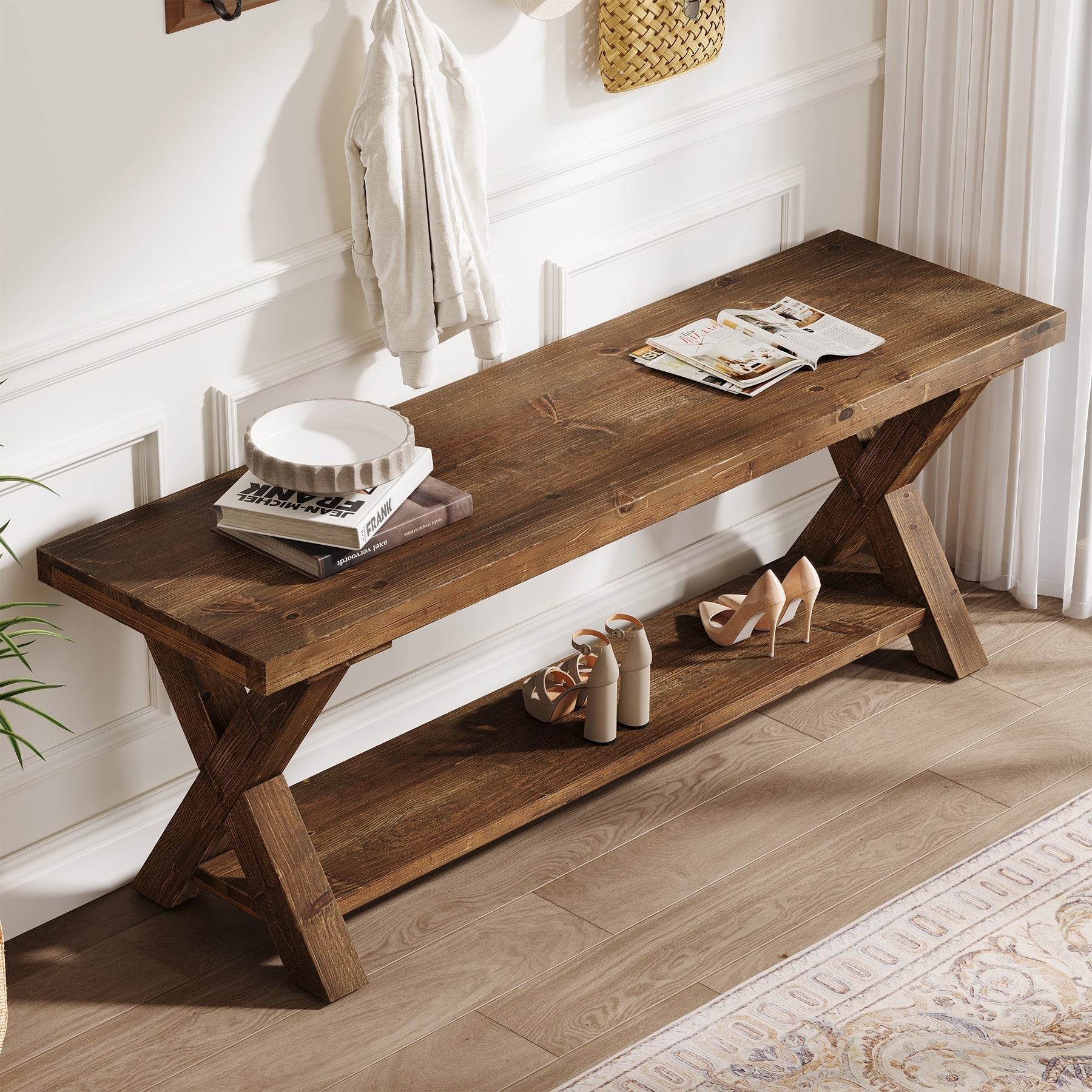 Tribesigns Banc en bois massif de 110 cm avec compartiment de rangement, Banc à chaussures de style campagnard avec structure en X, couleur marron