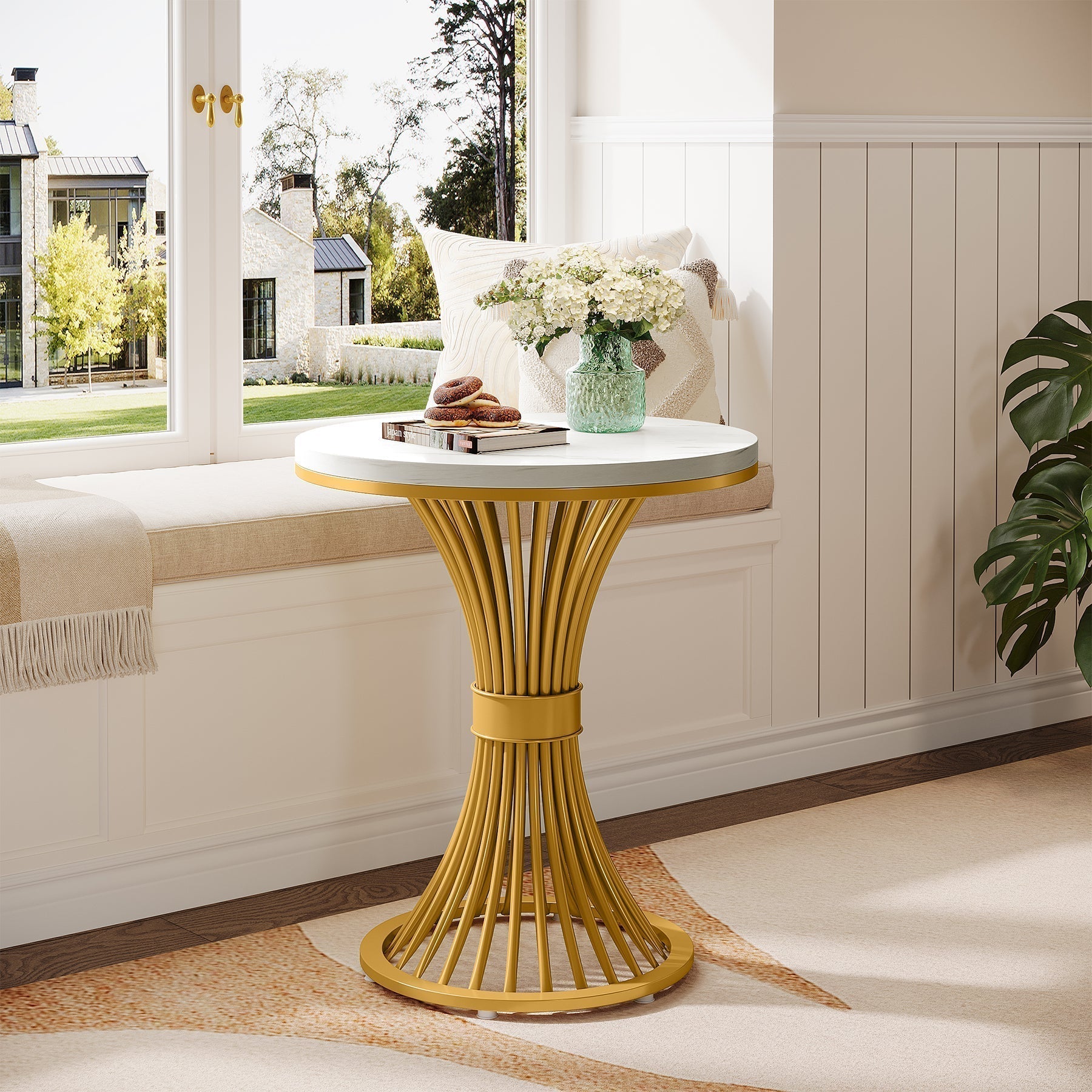 Tribesigns Table d'appoint ronde 51 cm avec plateau effet marbre, Table d'appoint blanche et piètement en métal doré