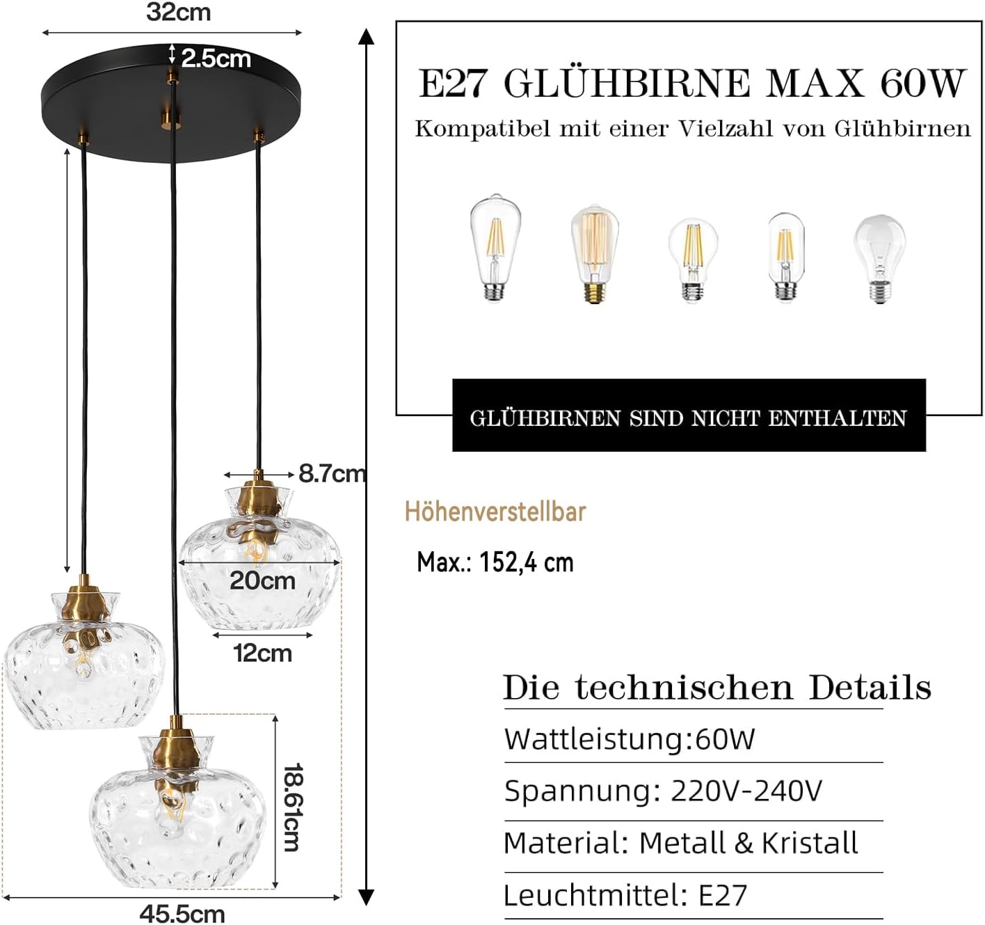 Tribesigns Suspension 3 Lumières, Lustre de Salle à Manger avec Abat-Jour en Verre Ondulé, Hauteur Réglable (Ampoules Non Incluses)