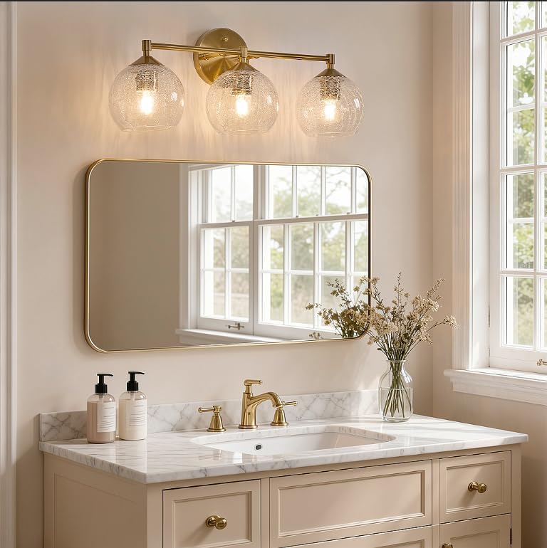 Tribesigns Applique murale dorée pour salle de bain à 3 lumières avec globes en verre craquelé