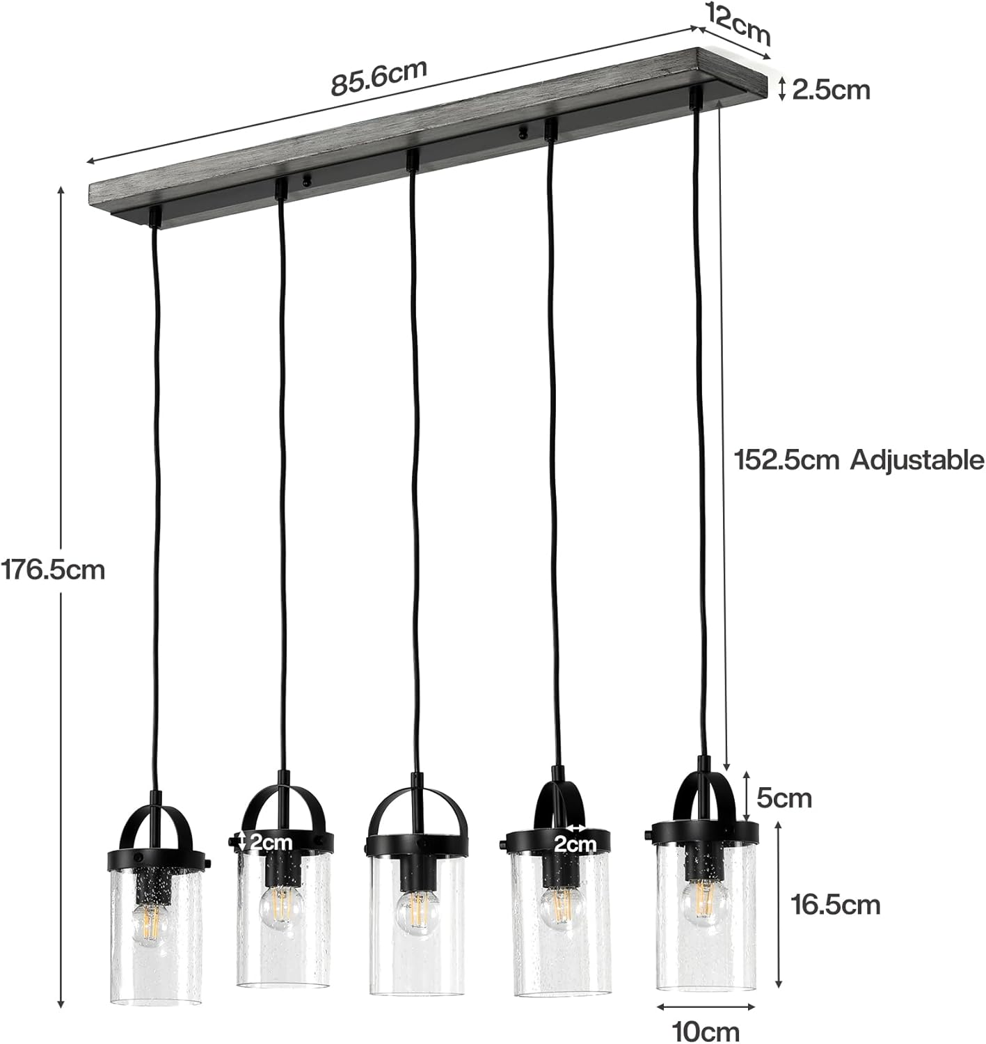 Tribesigns Lustre Linéaire Noir à 5 Lumières, Suspension pour Îlot de Cuisine avec Abat-Jour en Verre Soufflé, Hauteur Réglable, Culot E27