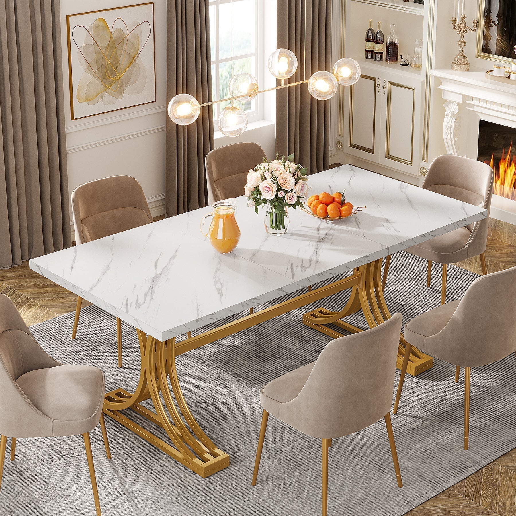 Tribesigns Table de salle à manger moderne de 160 cm avec plateau en marbre artificiel et pieds en métal