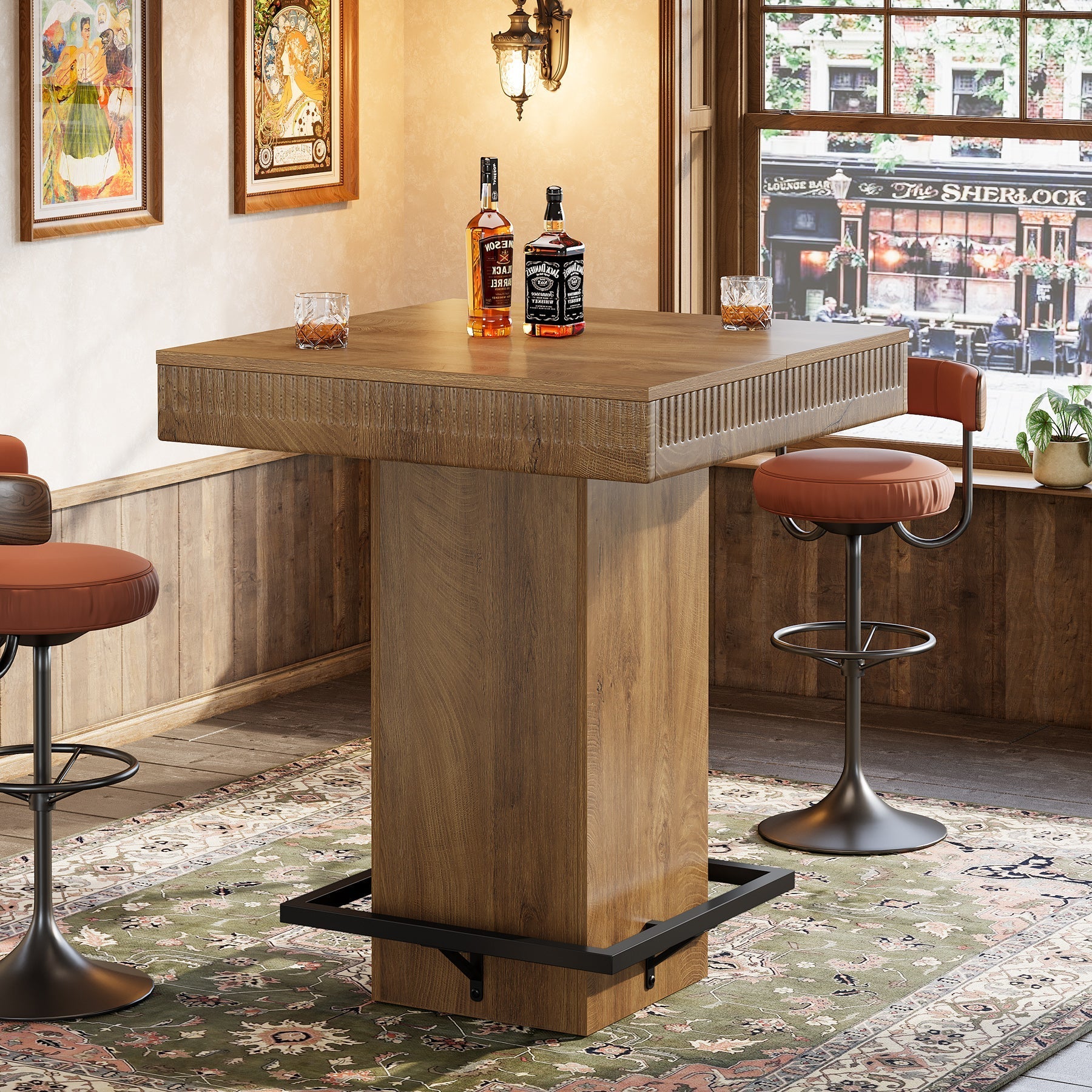Tribesigns Vierkante Bartafel 80cm met Houten Blad en Metalen Onderstel, Industriële Bistrotafel