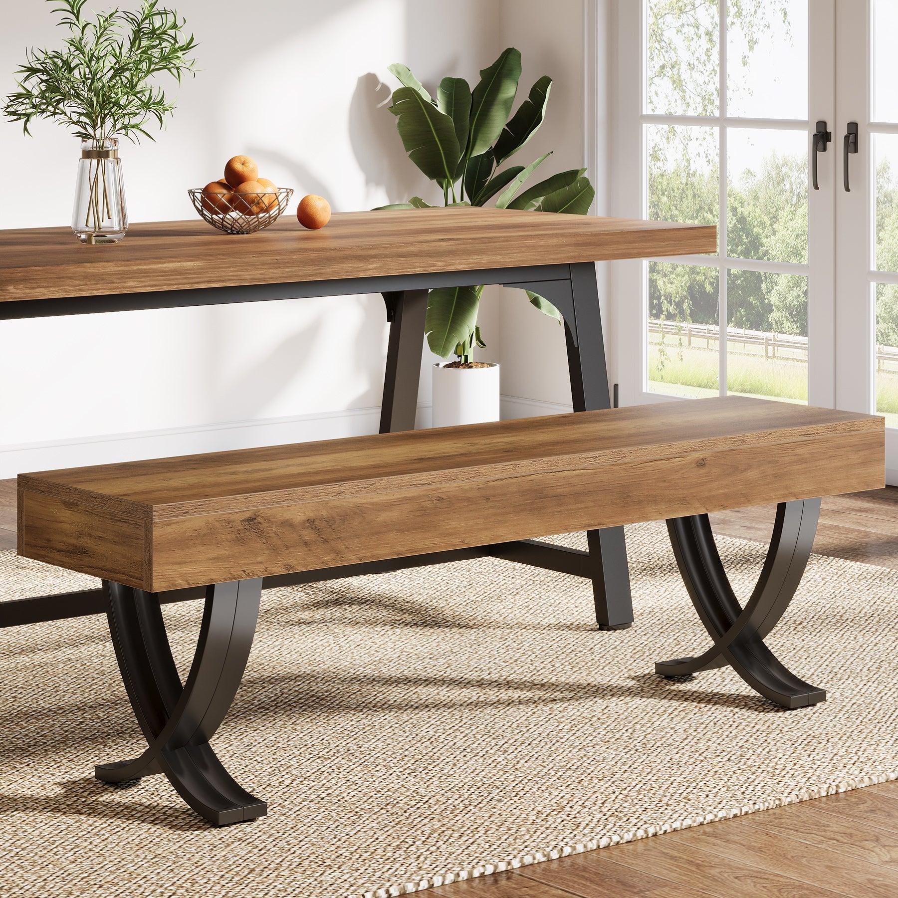 Tribesigns Banc de salle à manger rustique de 140 cm avec plateau imitation bois et pieds en X en métal, Long banc de cuisine pour salle à manger et couloir (banc uniquement)
