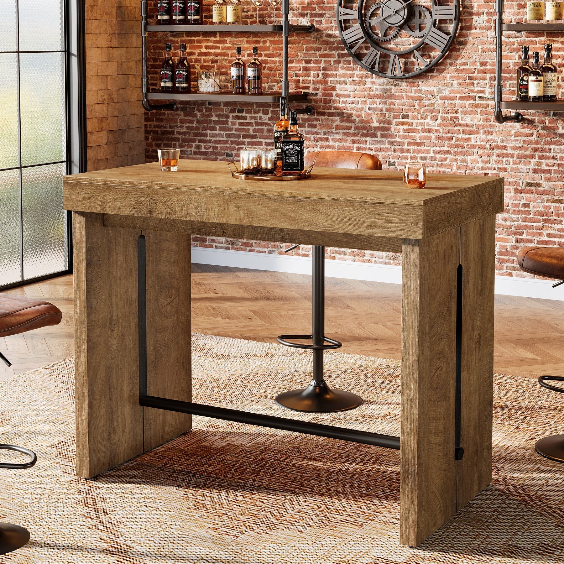 Table de bar 105 cm, Table haute avec repose-pieds, îlot de cuisine et table bistro de style champêtre