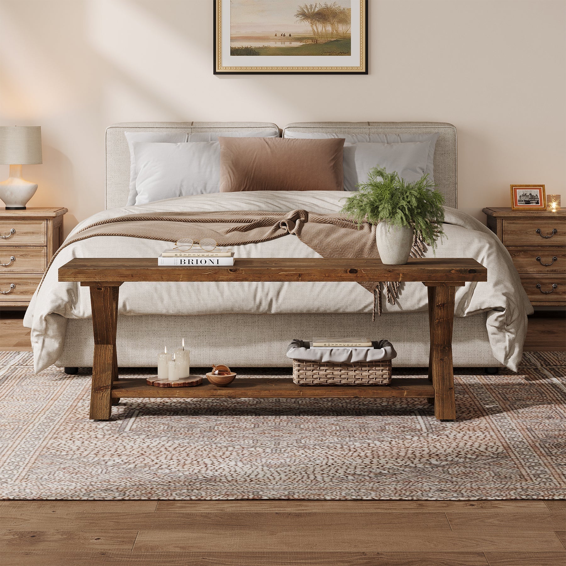 Tribesigns Banc en bois massif de 110 cm avec compartiment de rangement, Banc à chaussures de style campagnard avec structure en X, couleur marron