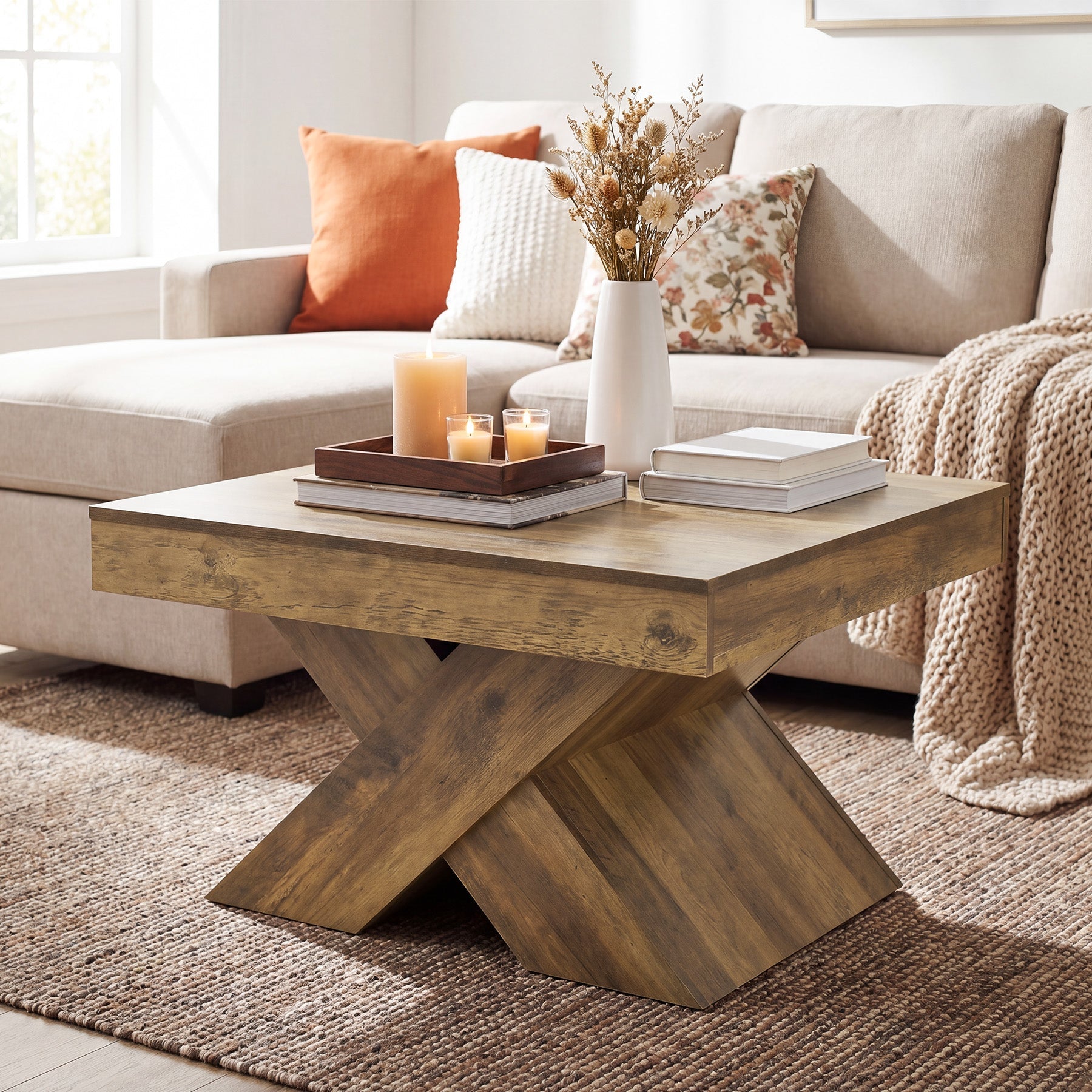 Tribesigns Table Basse Carrée de 80 cm, Table Rustique pour Petits Espaces avec Base en X