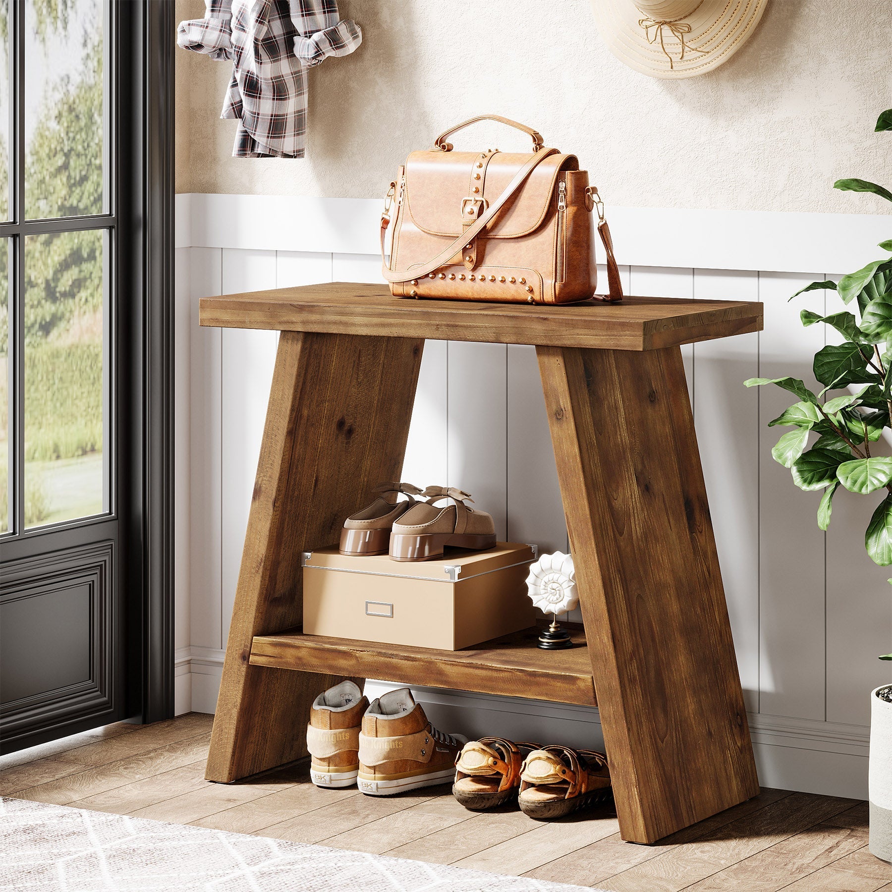 Table d'appoint étroite en bois massif (60 x 30 cm) avec rangement à 2 niveaux, Style rustique, idéale pour le salon et la chambre