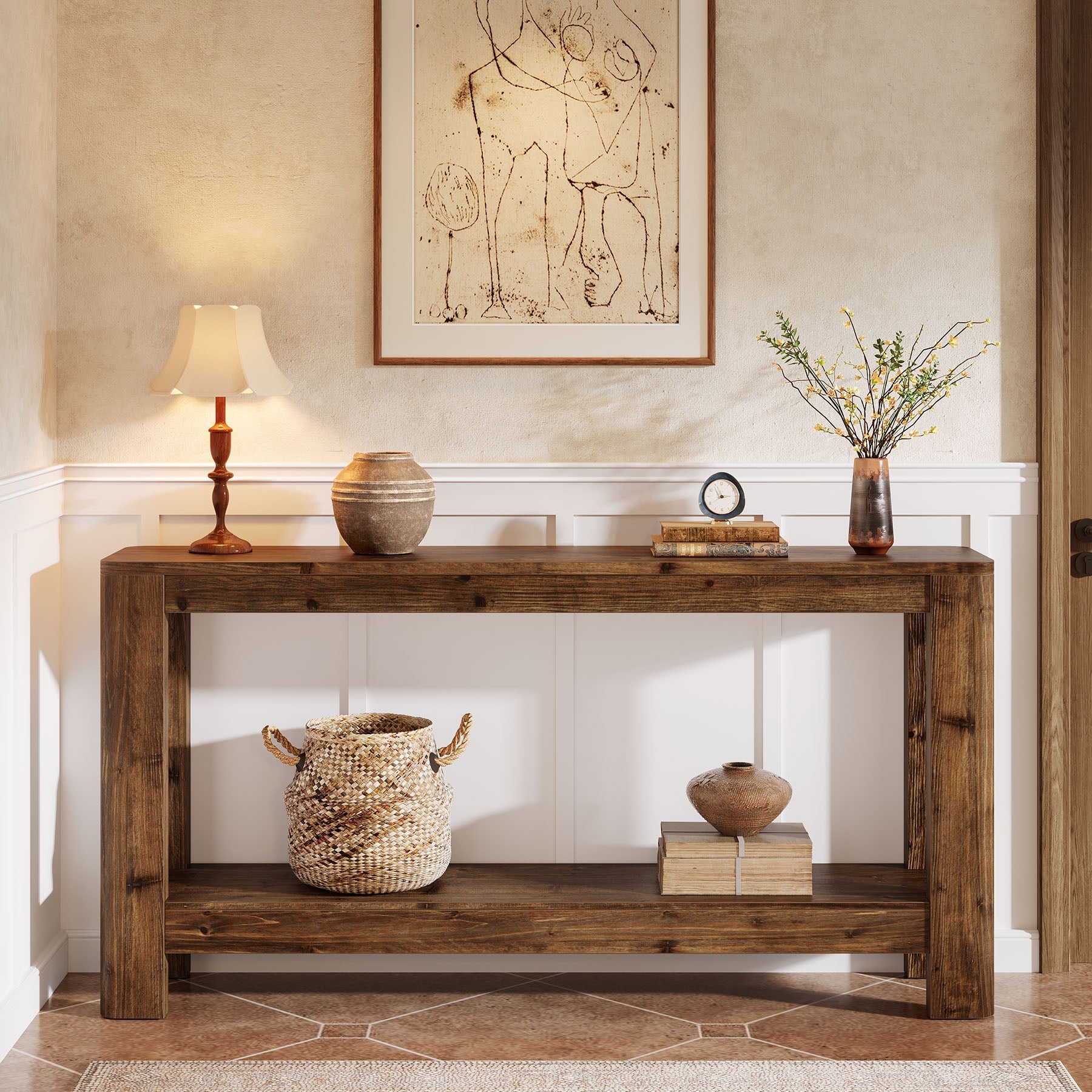 Tribesigns Console en bois massif de 160 cm, Table d'appoint étroite style ferme avec étagère