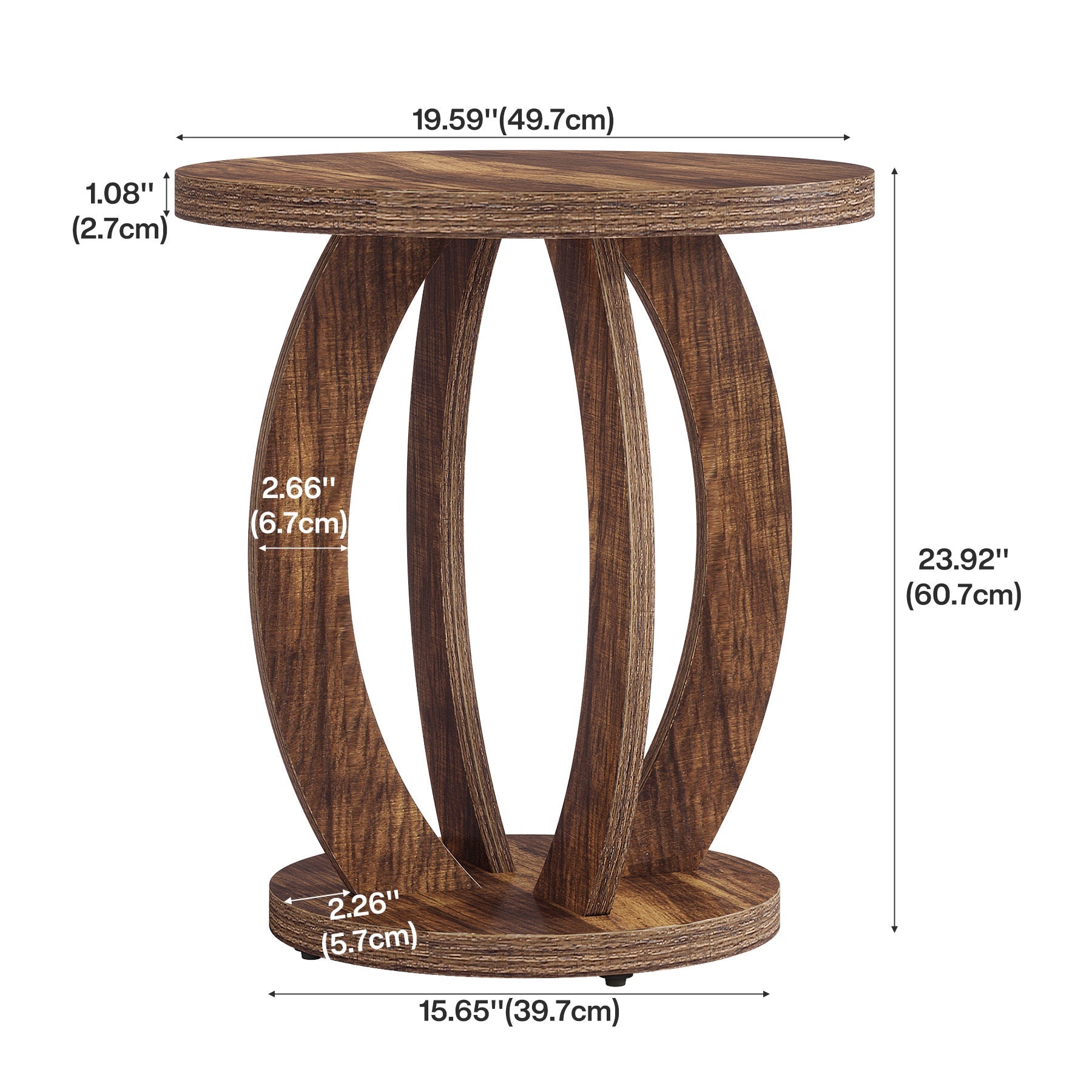 Tribesigns Table d'appoint de style campagnard de 50 cm avec plateau rond et rangement Brun rustique
