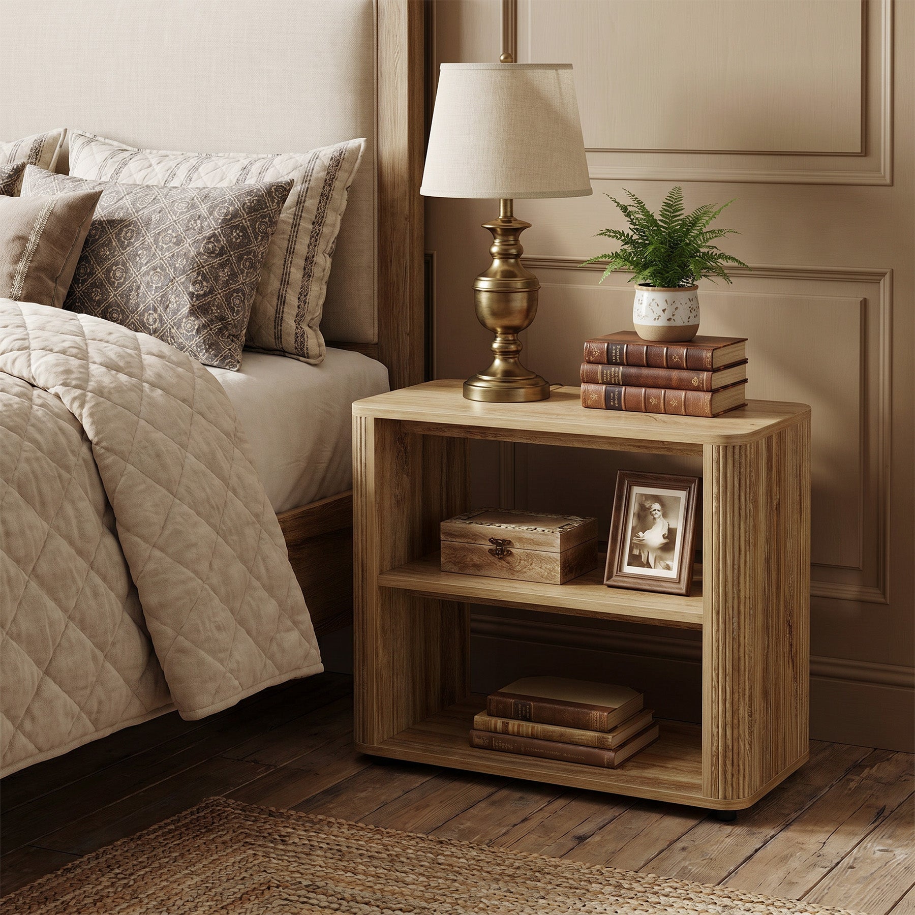 Table d'appoint étroite à 3 étagères, Table de chevet aspect bois pour petites chambres