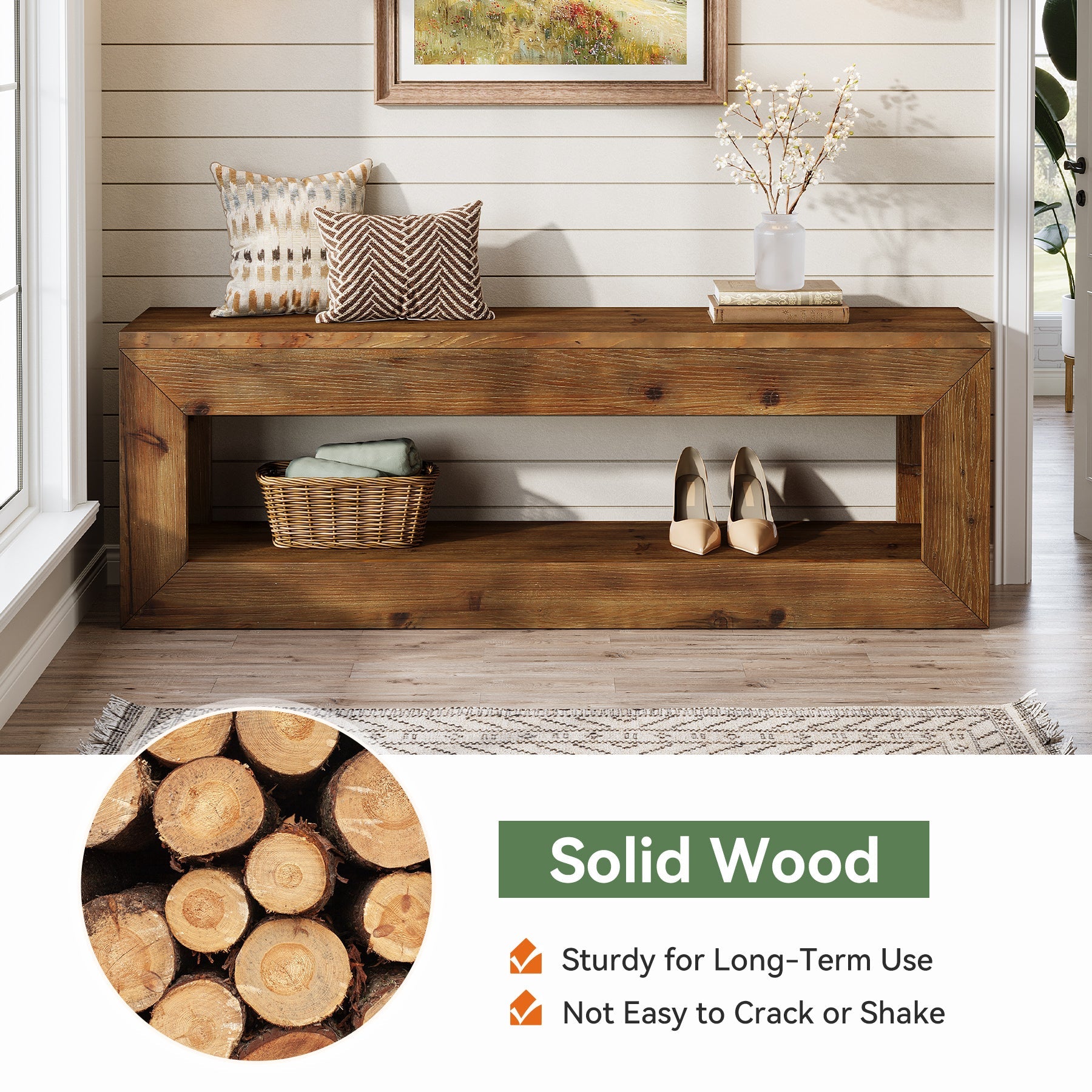 Tribesigns Banc d’Entrée en Bois Massif de 120 cm avec Étagère de Rangement, Style Rustique