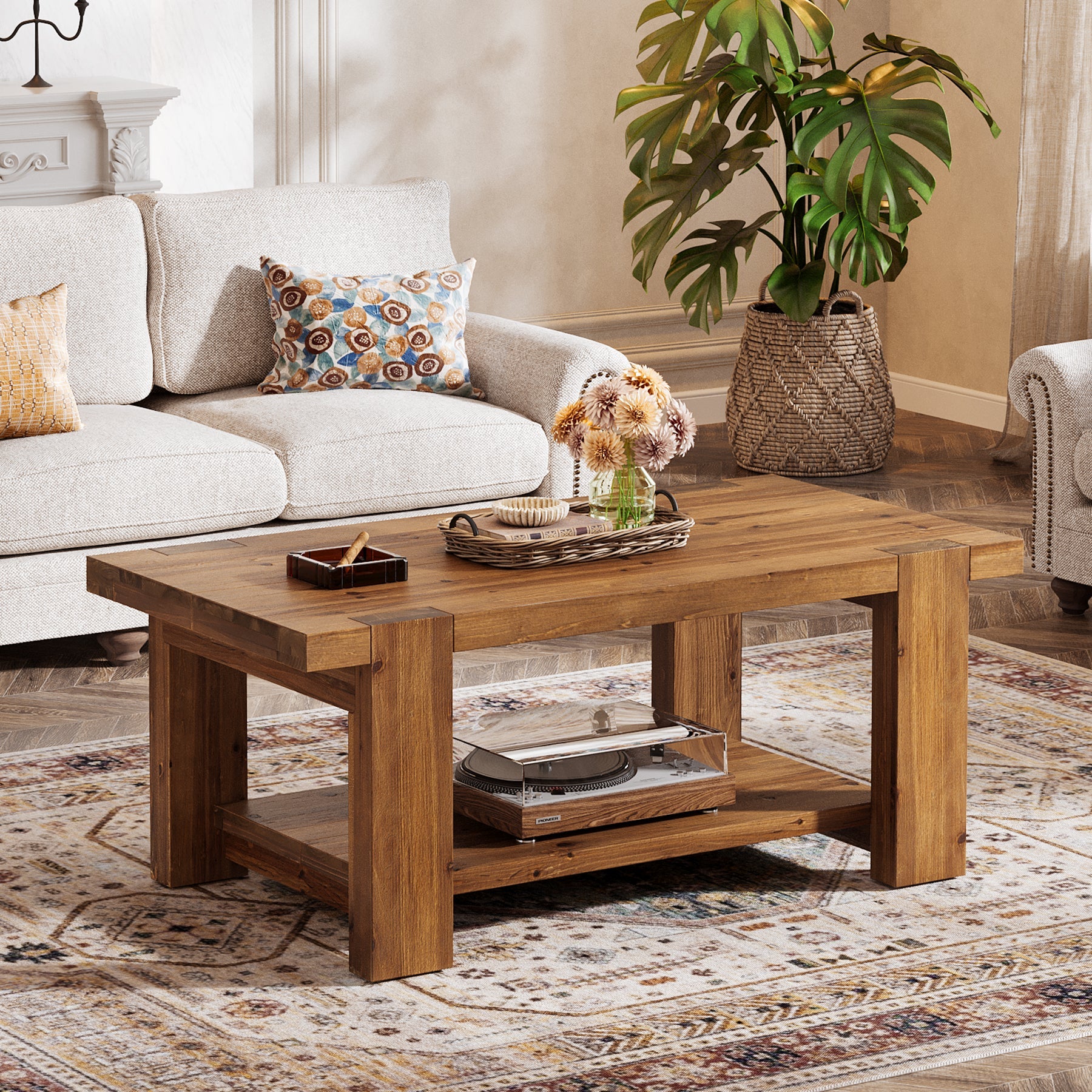 Tribesigns Table Basse Rectangulaire en Bois Massif de 120 cm avec Étagère