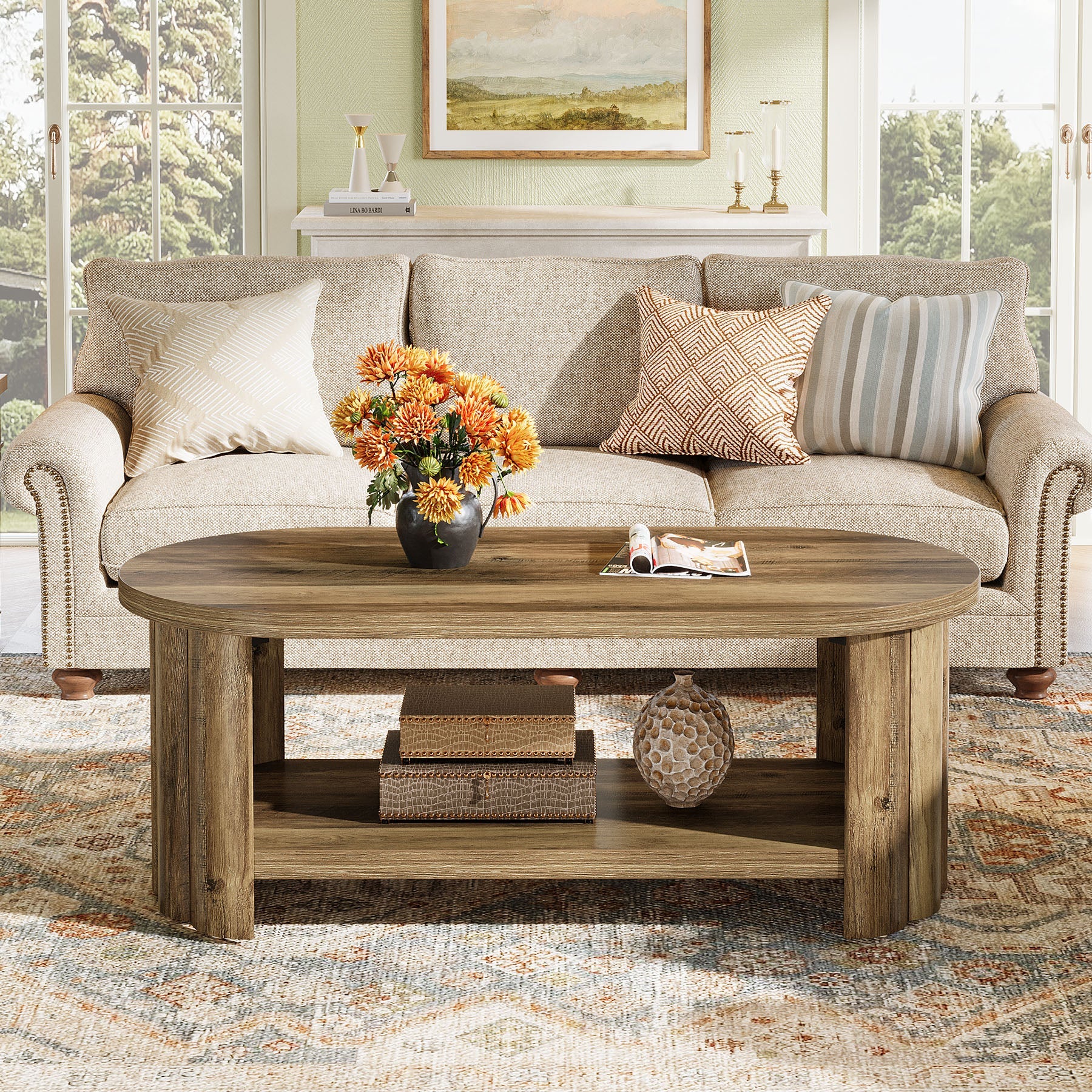 Tribesigns Table Basse Ovale 120 cm avec Rangement pour Salon