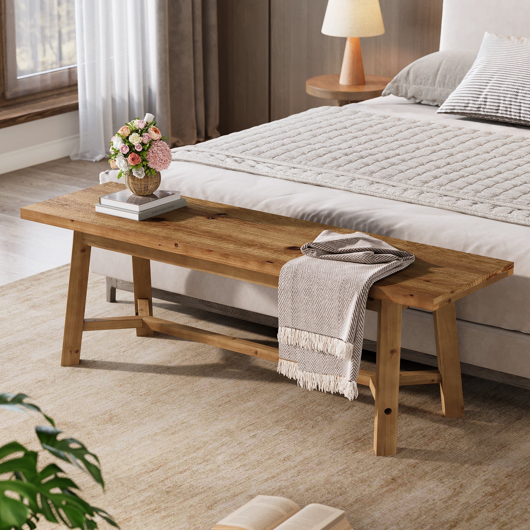 Banc en bois massif 140 cm, style champêtre, idéal pour une entrée, un rangement à chaussures ou une salle à manger