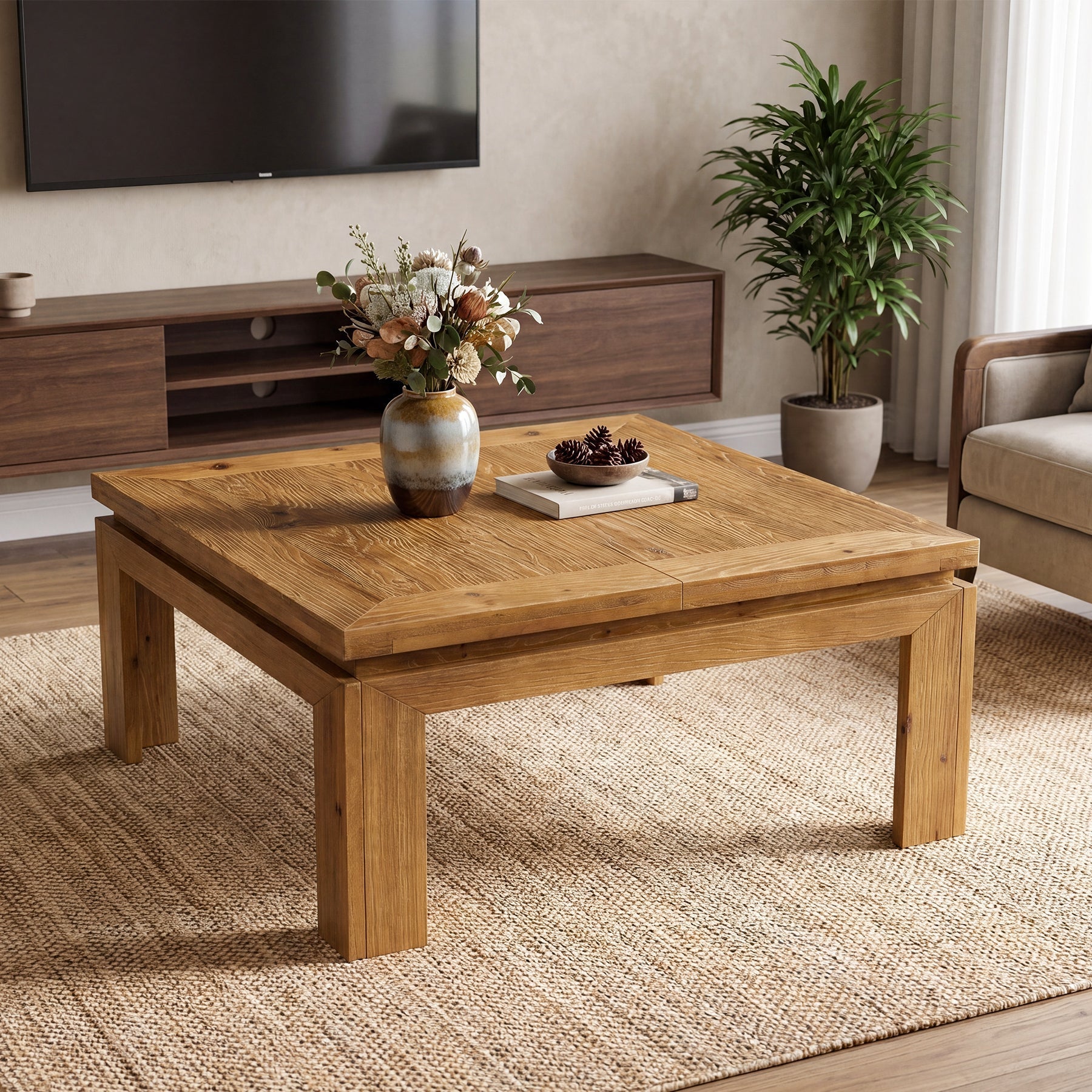 Tribesigns Table basse carrée en bois massif 100 x 100 x 46 cm avec bord en retrait, Style rustique, idéale pour le salon