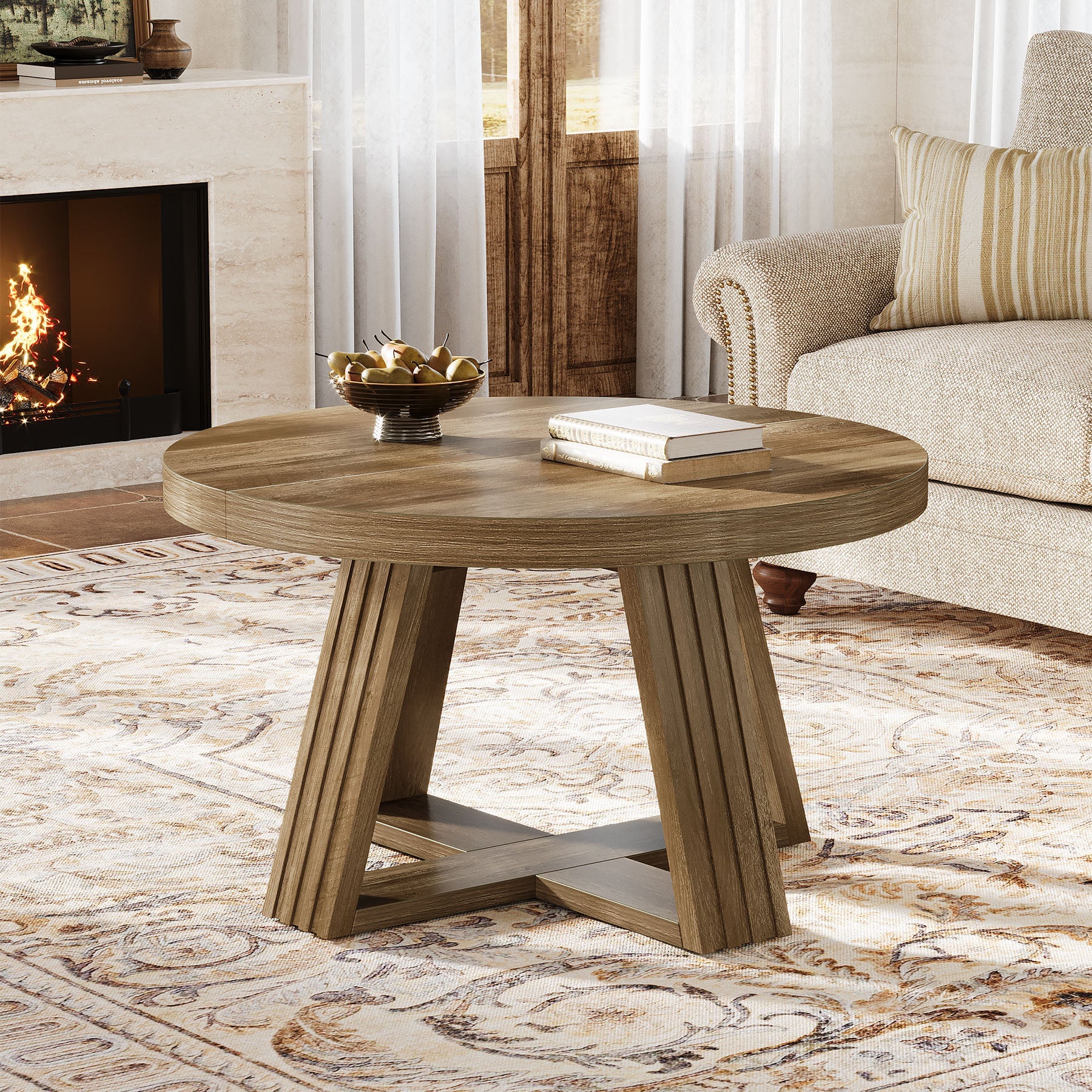 Tribesigns Table Basse Ronde 80 cm, Table de Salon Style Campagne avec Base Croisée