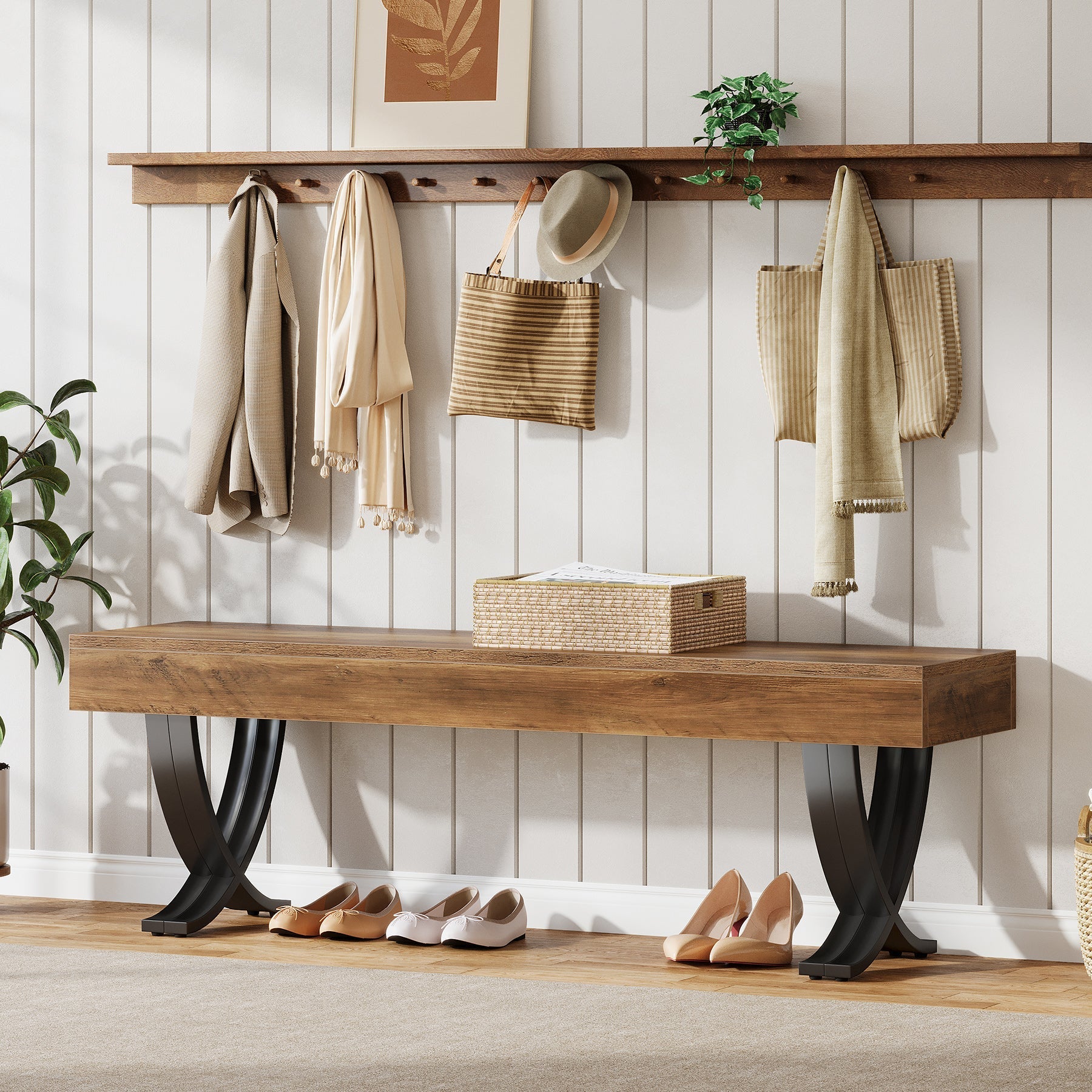Tribesigns Banc à chaussures industriel de 140 cm avec pieds en X en métal, Long banc d'entrée pour chambre, salon et couloir