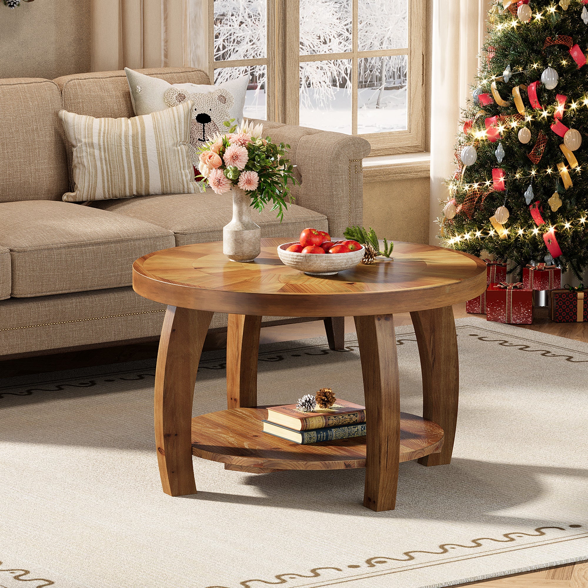 Tribesigns Table Basse Ronde en Bois Massif de 80 cm, Table à Deux Niveaux