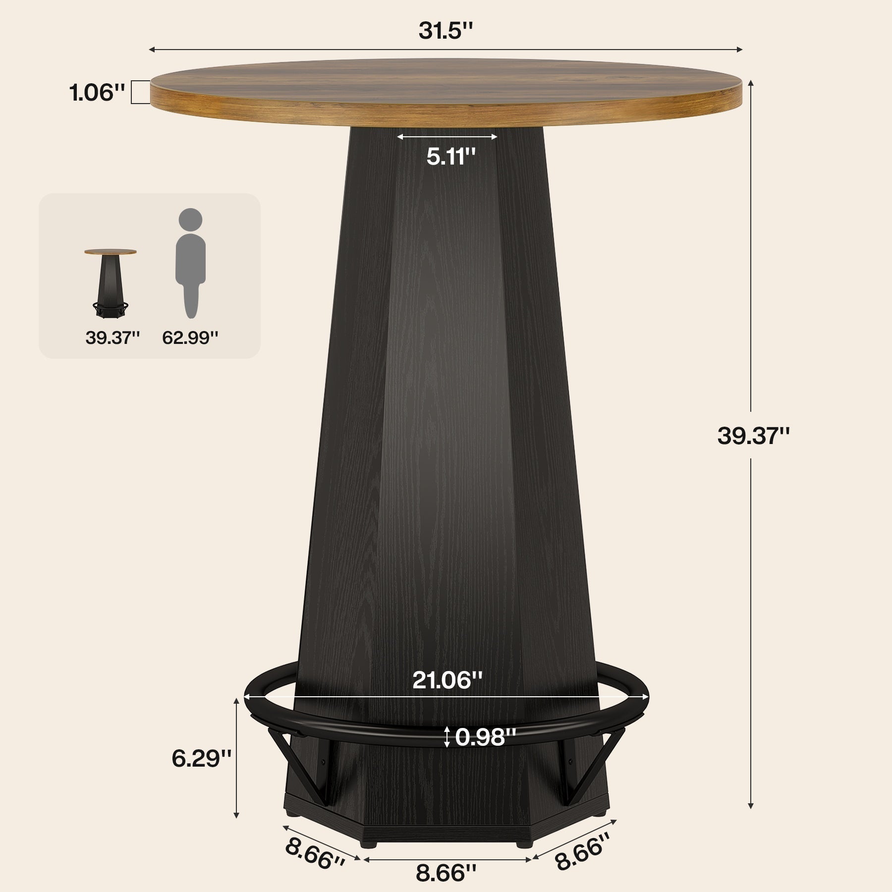 Tribesigns Table de bar ronde de 100 cm pour 2 personnes, Table à manger industrielle avec repose-pieds