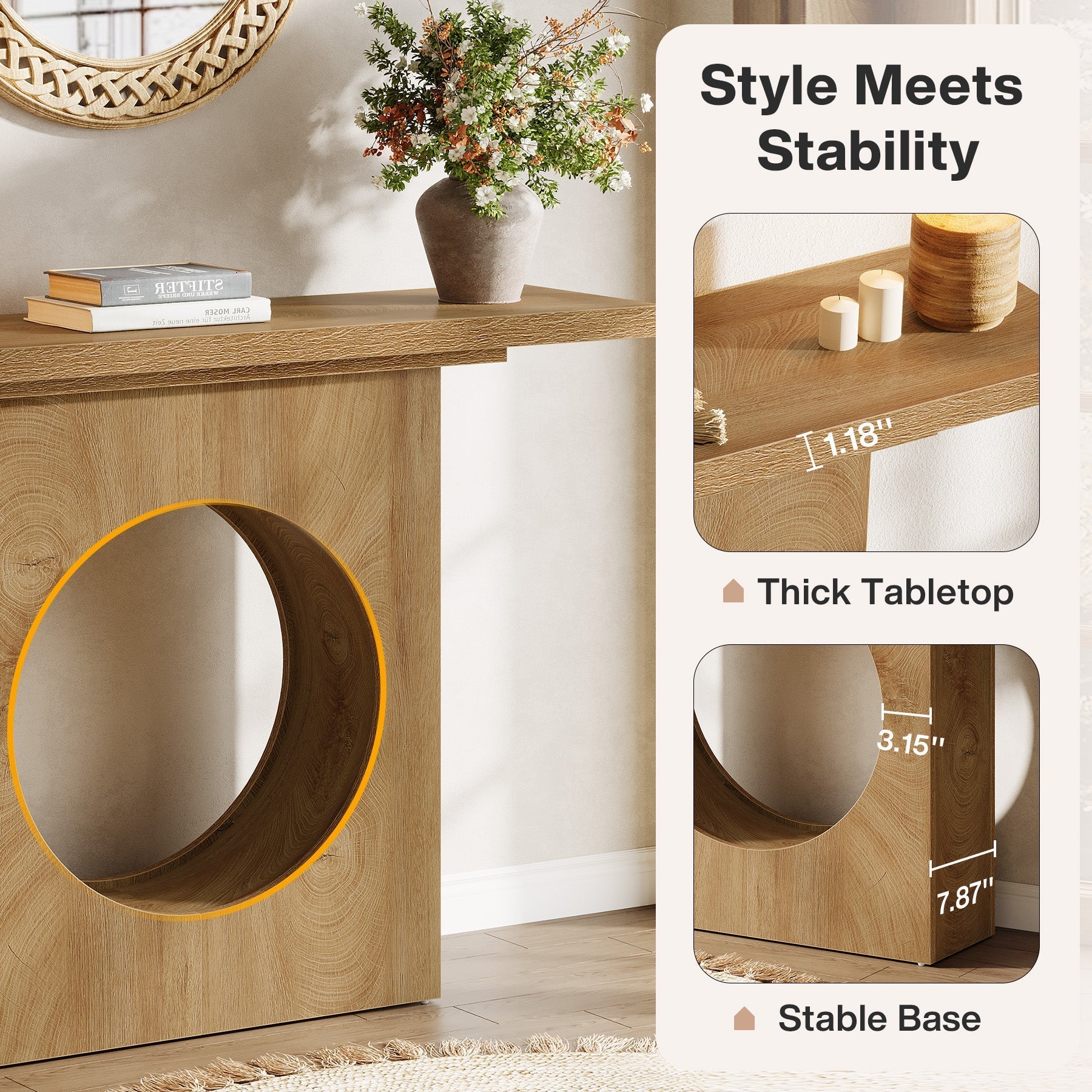 Tribesigns Console rustique de 105 cm avec design ajouré rond, Table d'entrée étroite pour salon