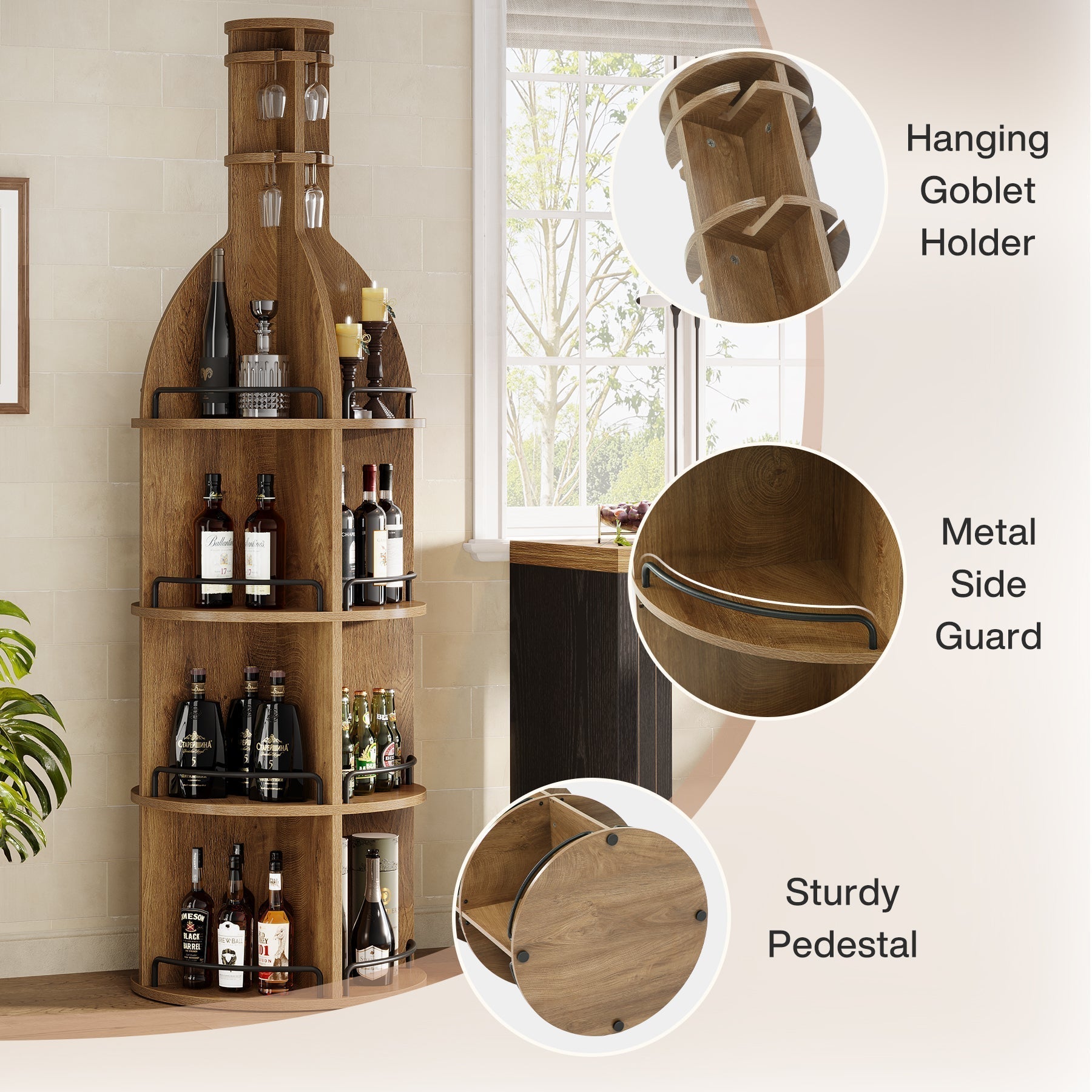 Casier à vin de 190 cm de haut avec étagères de rangement, Meuble à vin rond de style industriel avec porte-verres