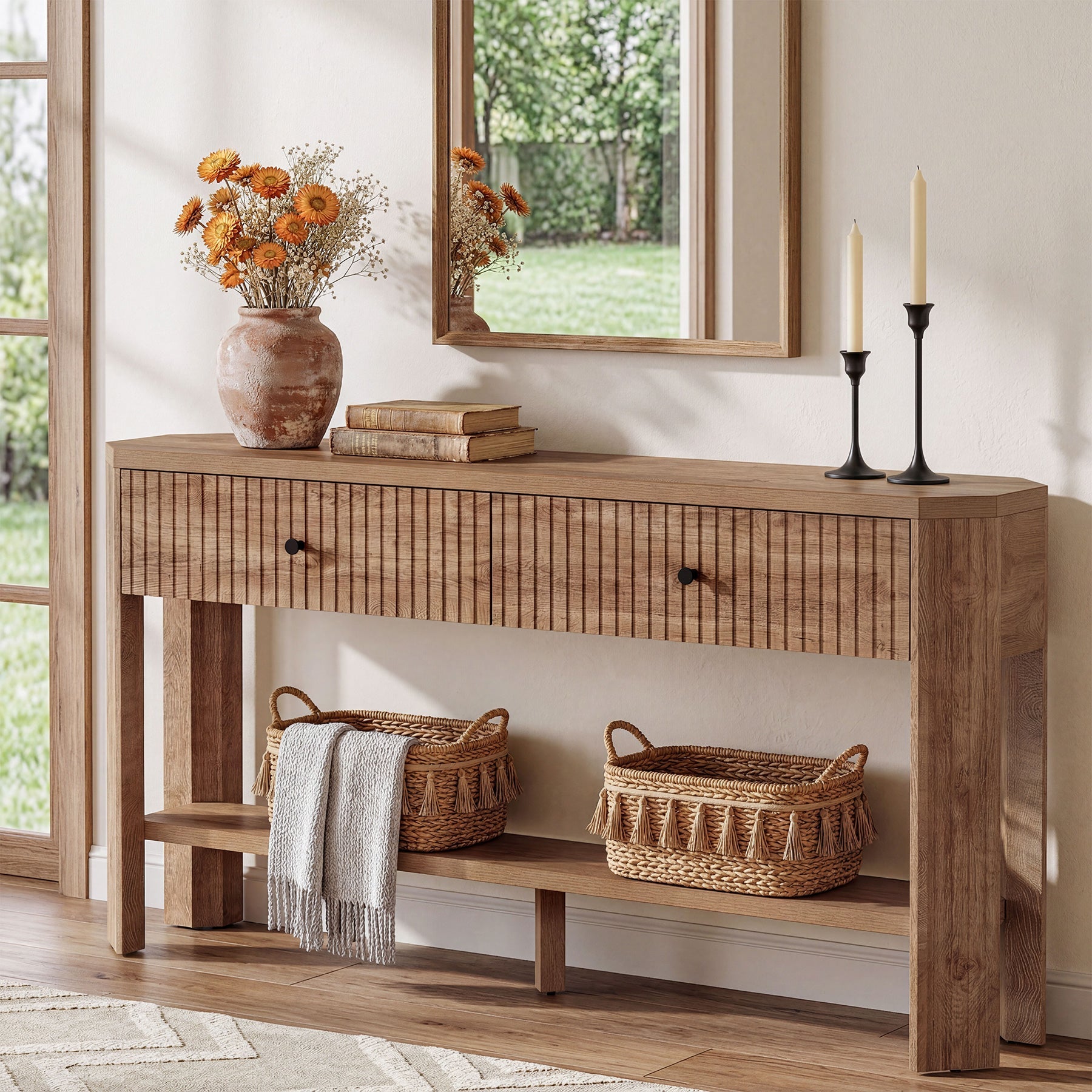 Tribesigns Console de 150 cm avec 2 Tiroirs, Table d’Entrée Étroite et Moderne avec Étagère