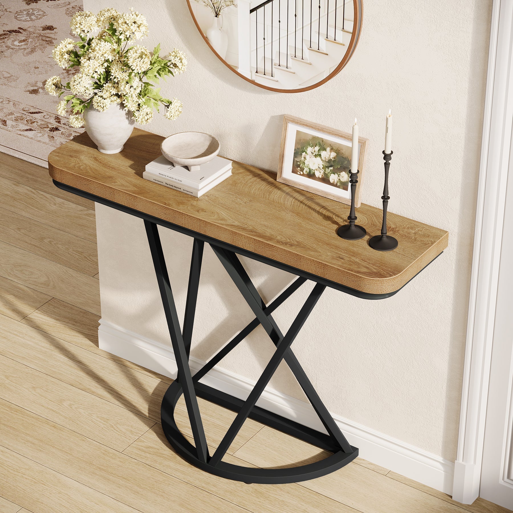 Tribesigns Console industrielle de 105 cm, Table d'entrée étroite avec piètement géométrique en métal