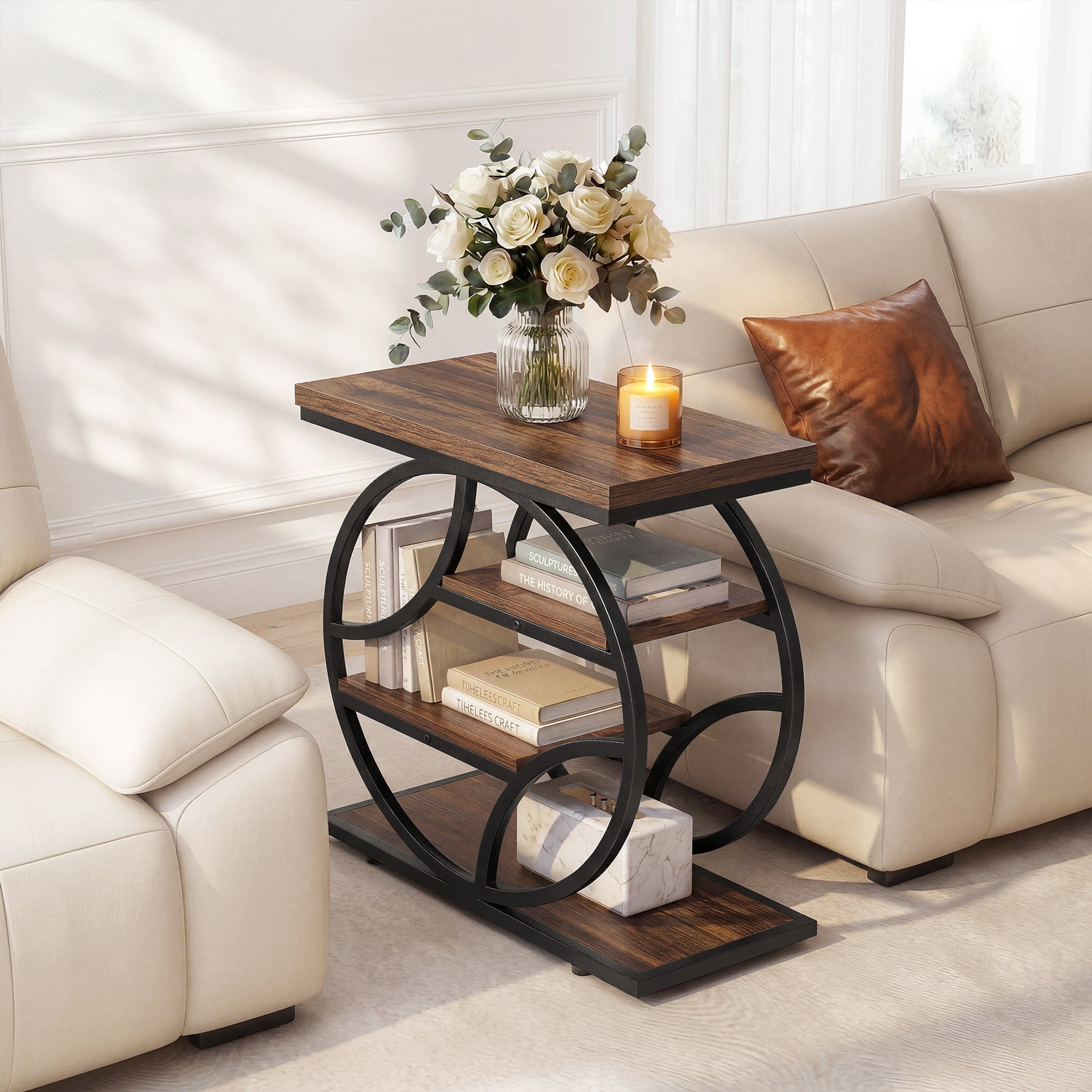 Tribesigns Table d’appoint de 65 cm, étagère industrielle à 4 niveaux avec structure métallique géométrique