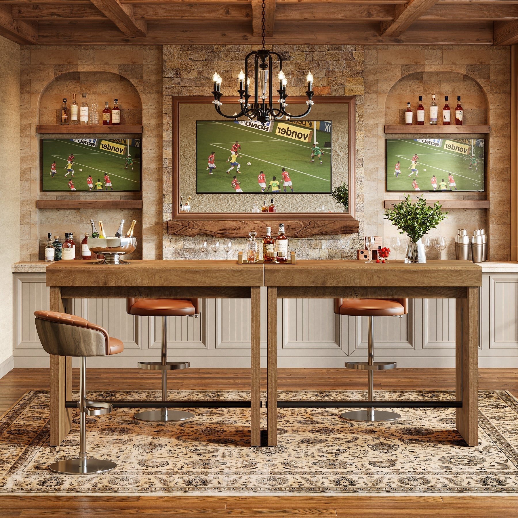 Table de bar 105 cm, Table haute avec repose-pieds, îlot de cuisine et table bistro de style champêtre