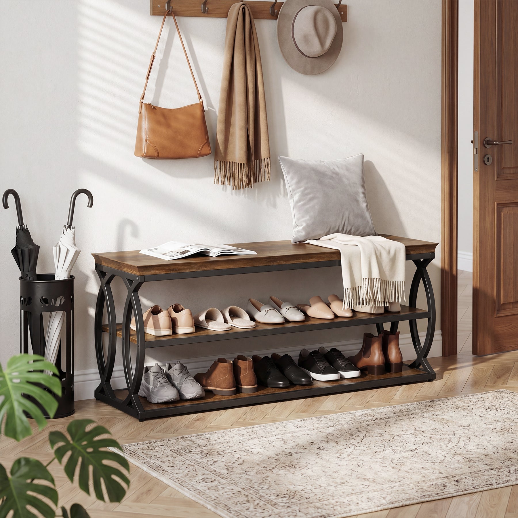 Tribesigns Banc à Chaussures de 120 cm avec Rangement, Meuble à Chaussures à 3 Niveaux avec Assise, Style Industriel Rustique