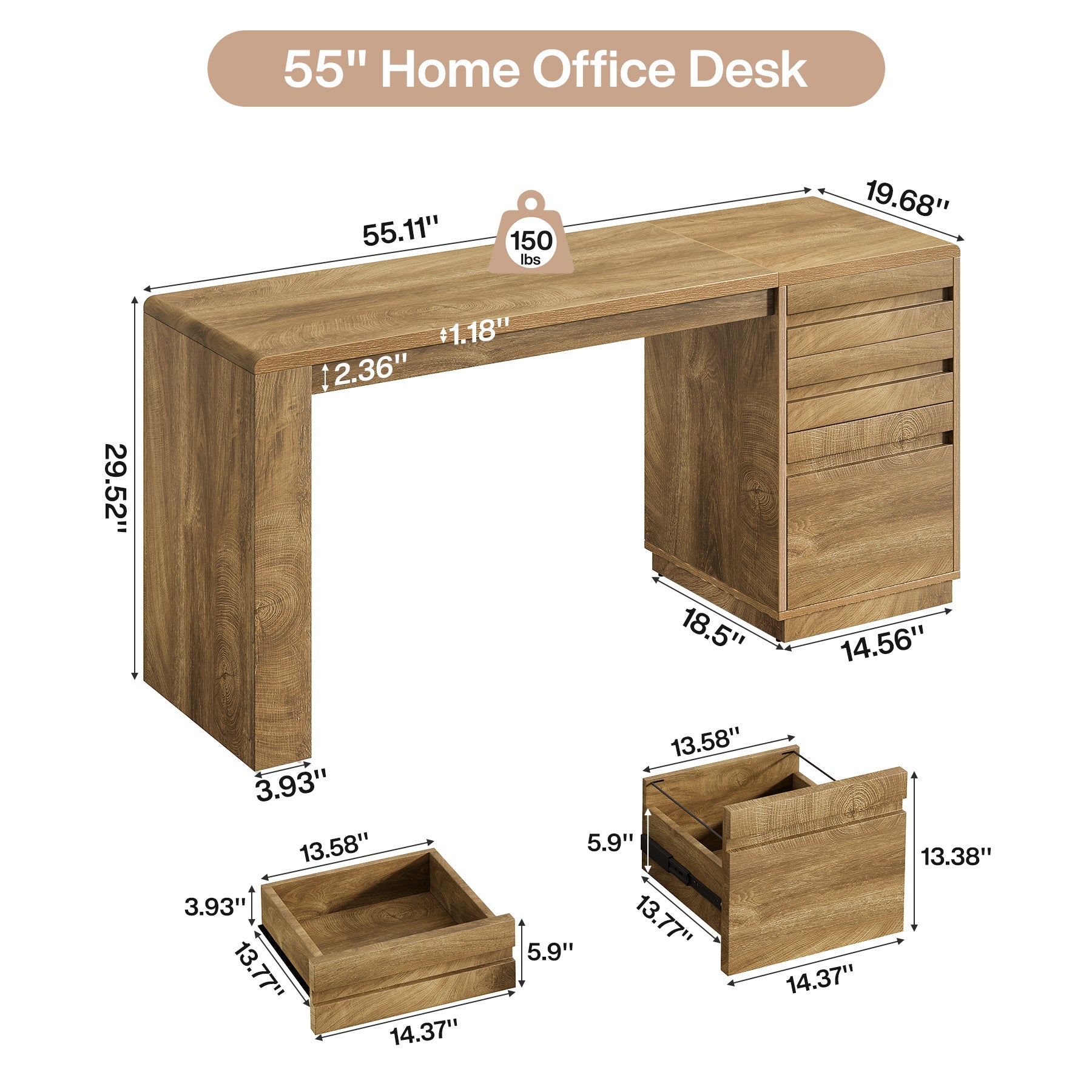 Tribesigns Bureau d’Ordinateur 140 cm, Bureau de Direction Style Rustique à 3 Tiroirs