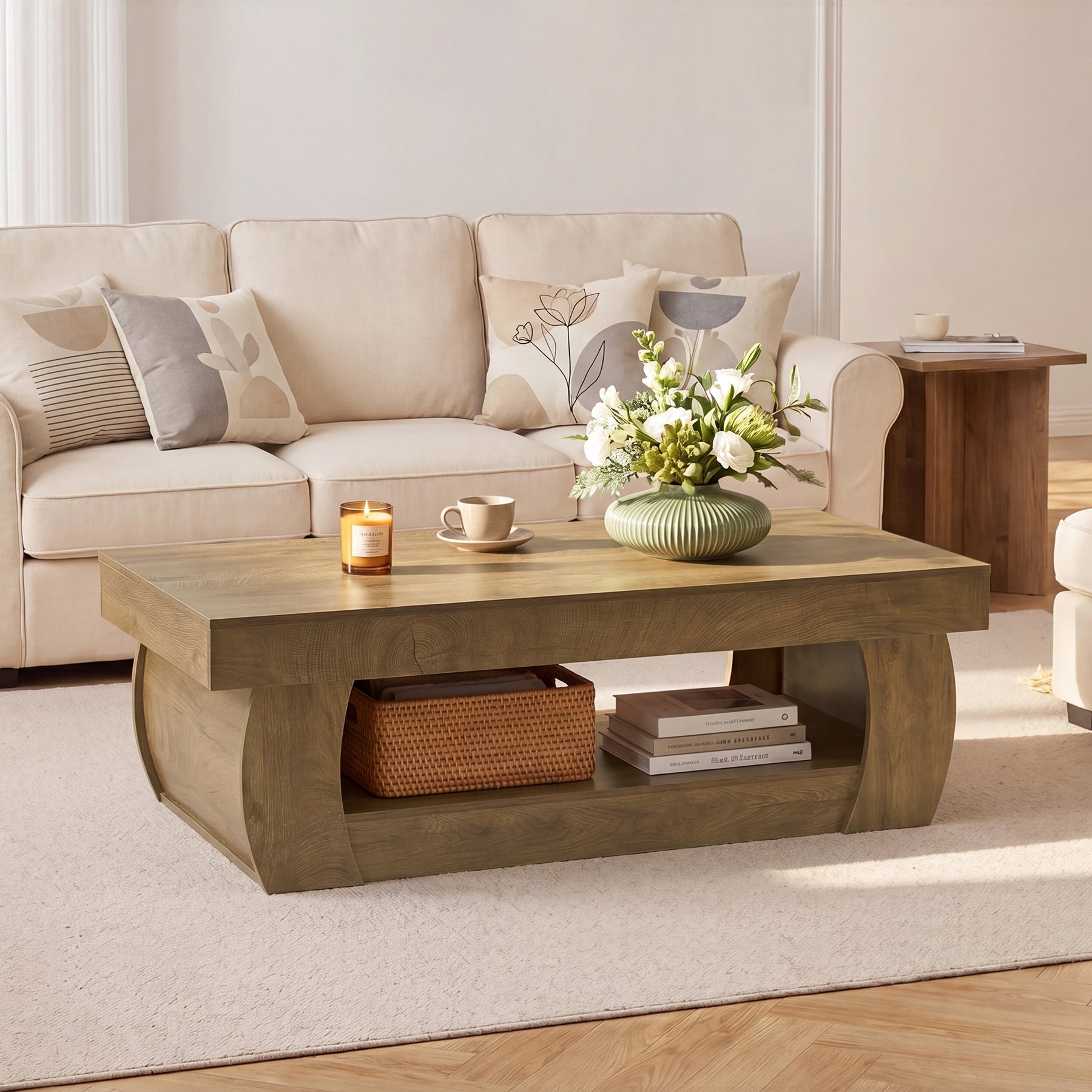 Tribesigns Table Basse Moderne de 140 cm avec Étagère Ouverte, Table Rectangulaire de Salon aux Côtés Courbés