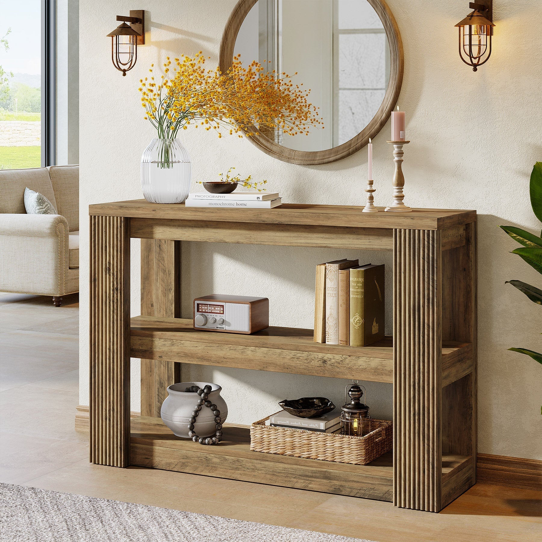 Tribesigns Console étroite 105 cm, Table basse de style campagnard à 3 niveaux avec étagères