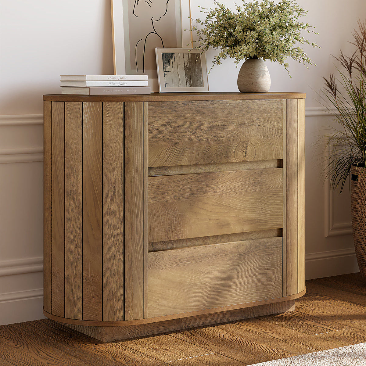 Tribesigns Commode Moderne Effet Chêne 90 cm avec 3 Tiroirs et Côtés à Lattes