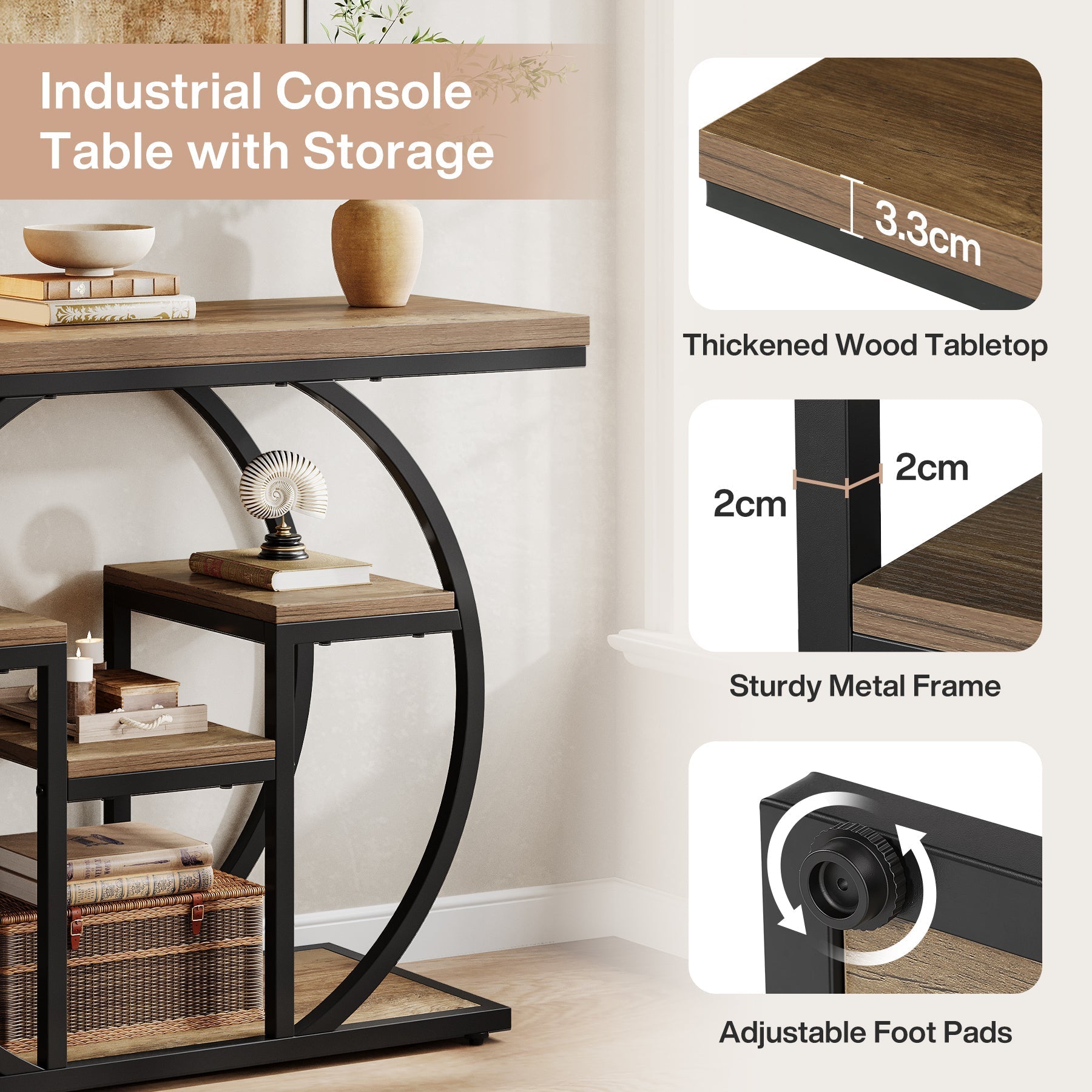 Tribesigns Console 105 cm de large avec 4 étagères, Table d'appoint de style industriel avec structure incurvée