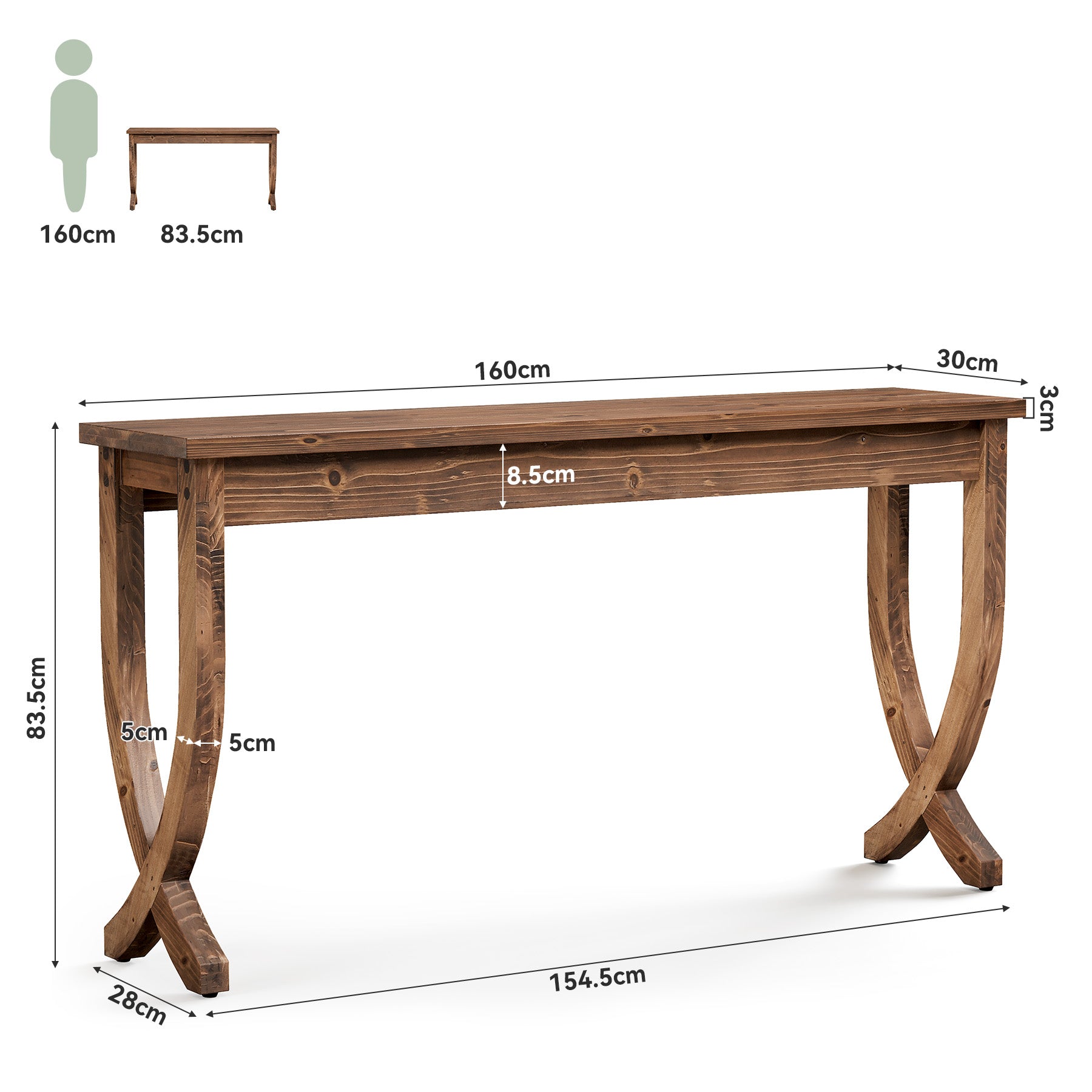 TRIBEWOOD Console en bois massif 160 cm, Table d'entrée de style ferme longue table basse pour salon