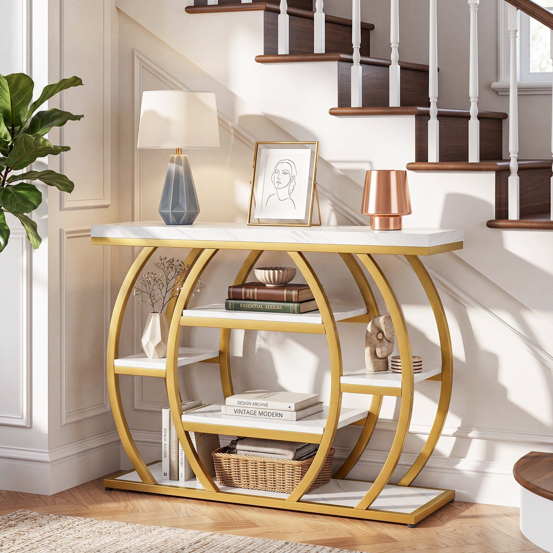 Tribesigns Console 105 cm, Table d’Entrée Étroite à 5 Niveaux avec Plateau Effet Marbre