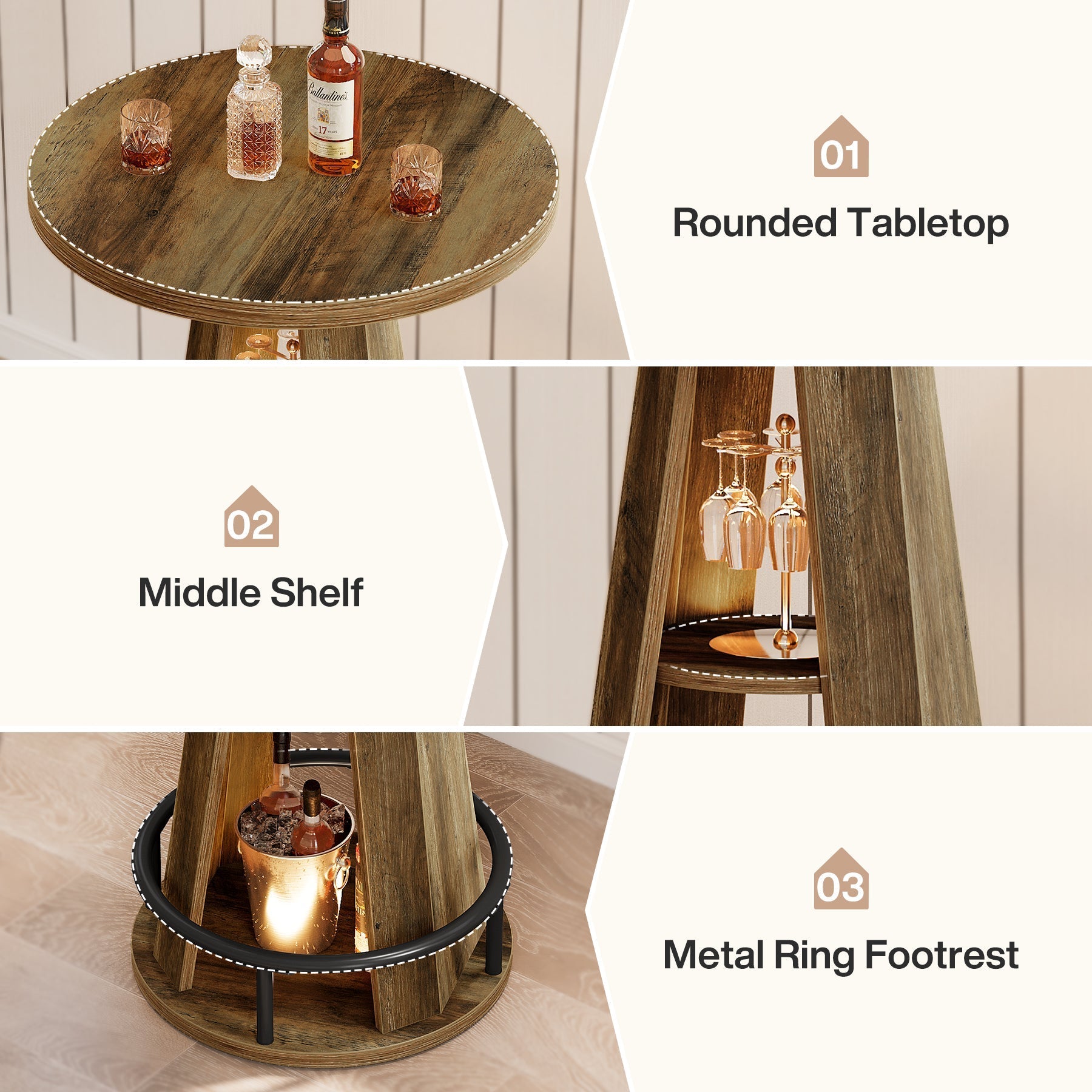 Tribesigns Ronde bartafel van 100 cm met opbergruimte, industriële bistrotafel voor woonkamer, bar, kleine ruimtes