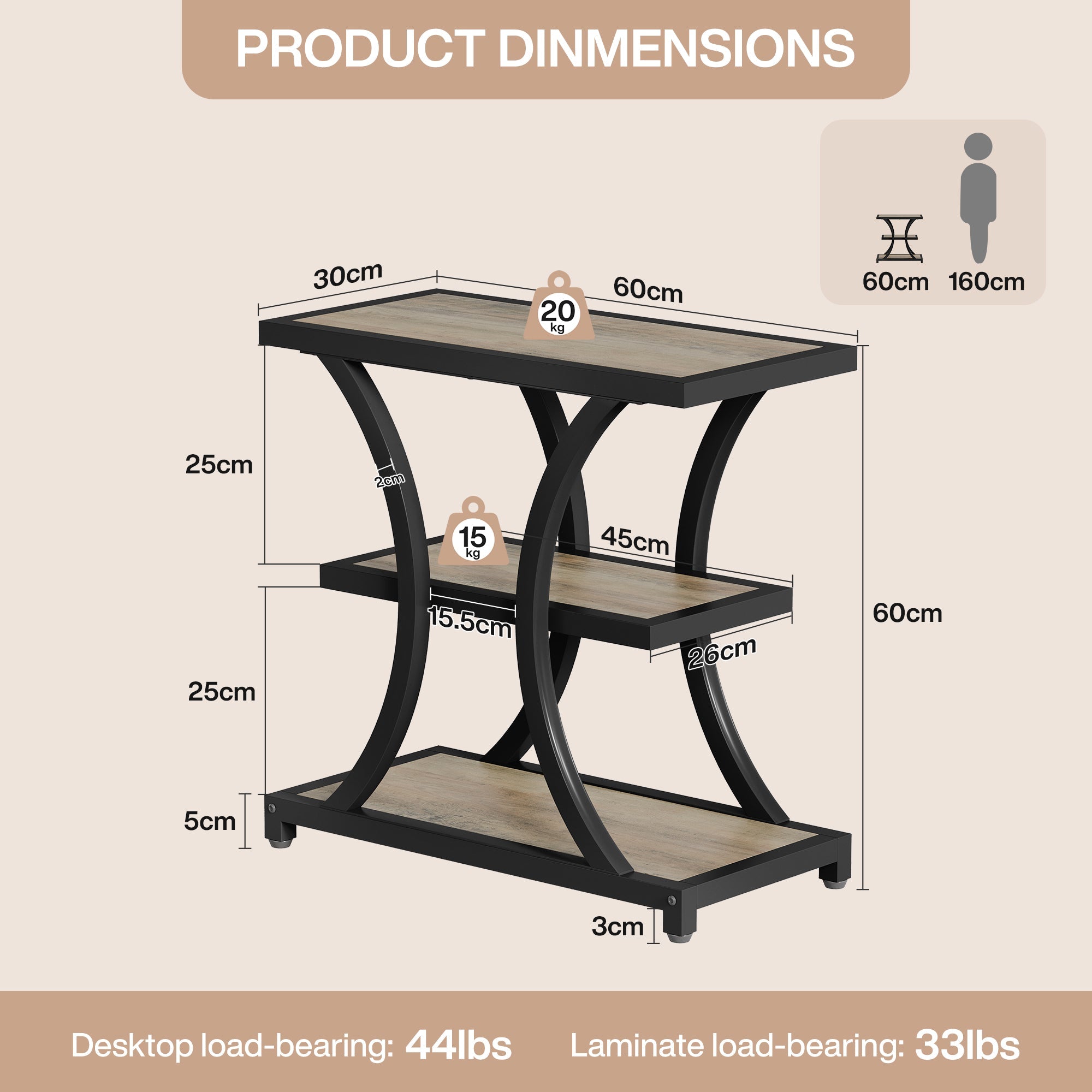 Tribesigns Table d'appoint avec espace de rangement, Table d'appoint à 3 niveaux avec design géométrique en métal